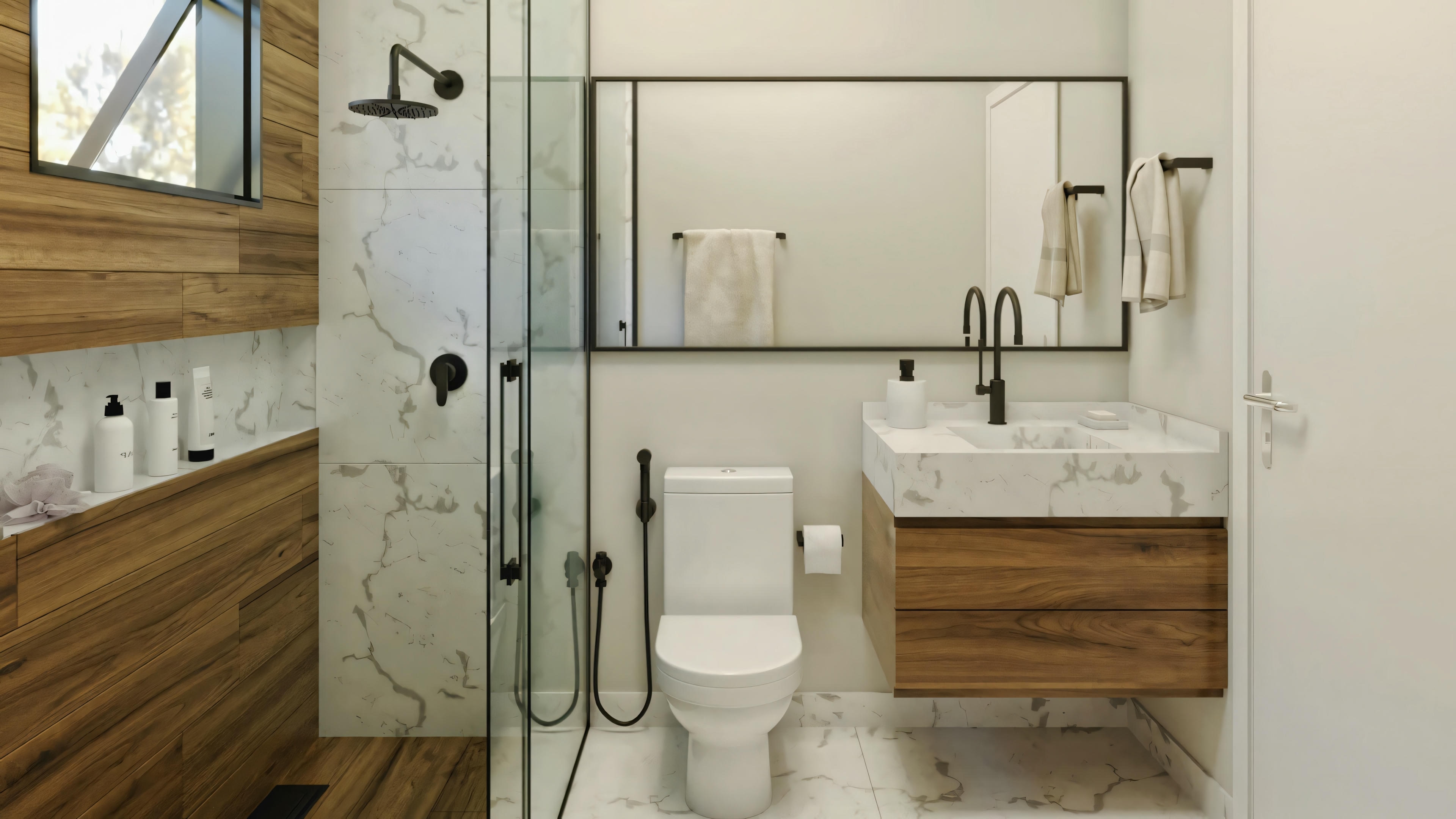 Um banheiro com design moderno, acessórios contemporâneos e paredes revestidas de azulejos.