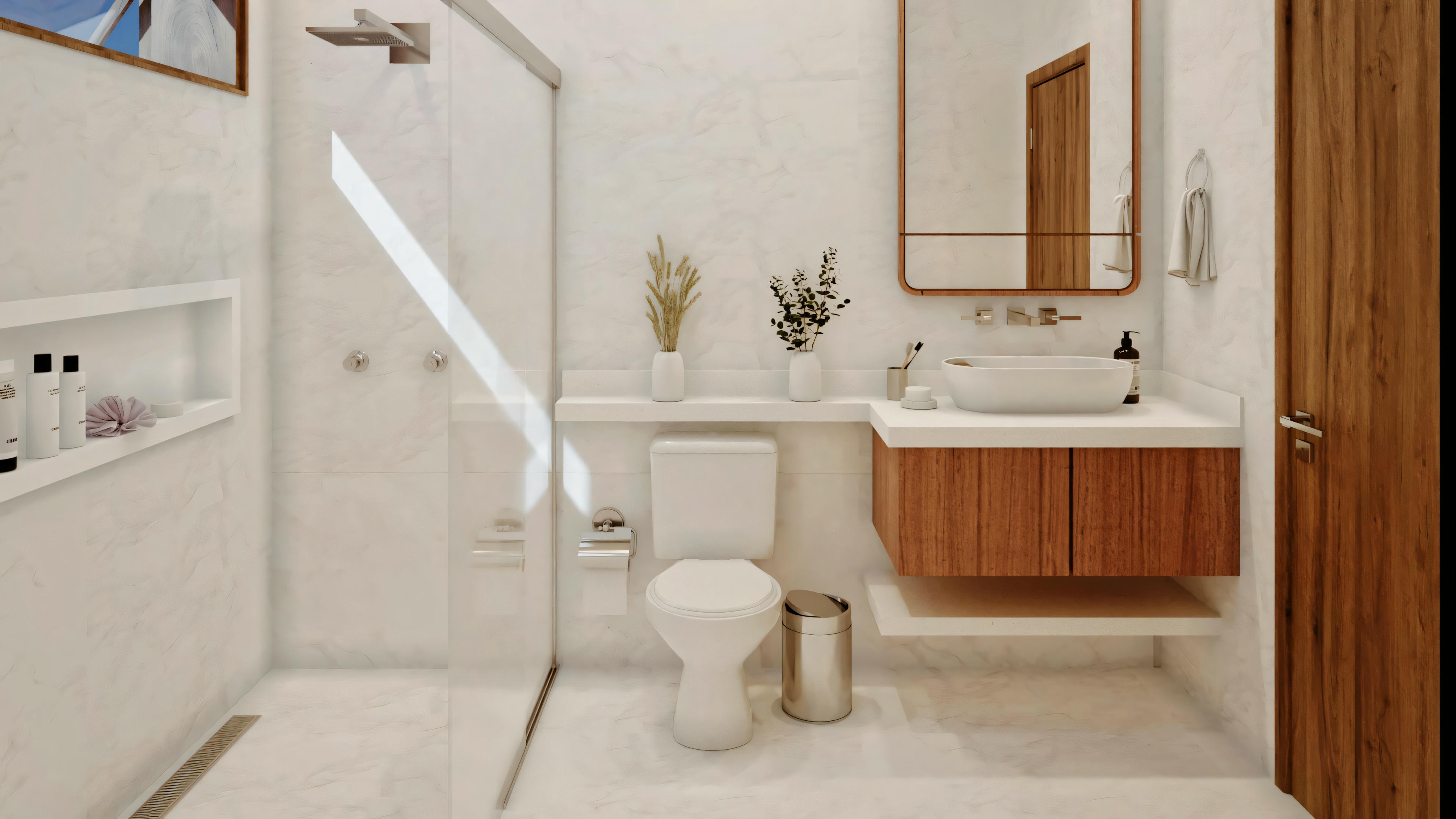 Un baño con lavabo y espejo de pared, inodoro a la derecha y área de ducha con puertas de vidrio a la izquierda.