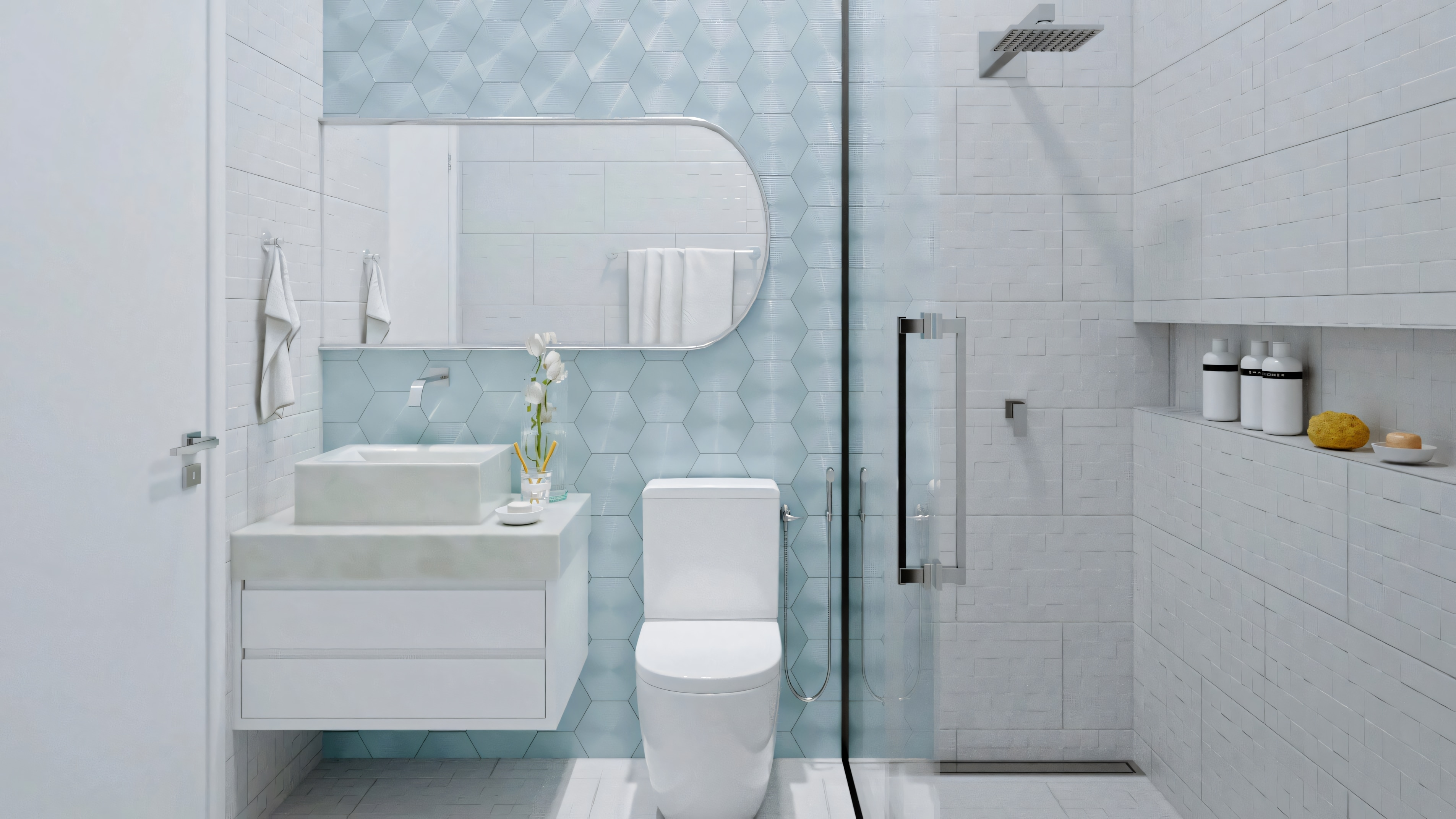 Un baño minimalista con azulejos azules, incluyendo un váter, lavabo y zona de ducha.