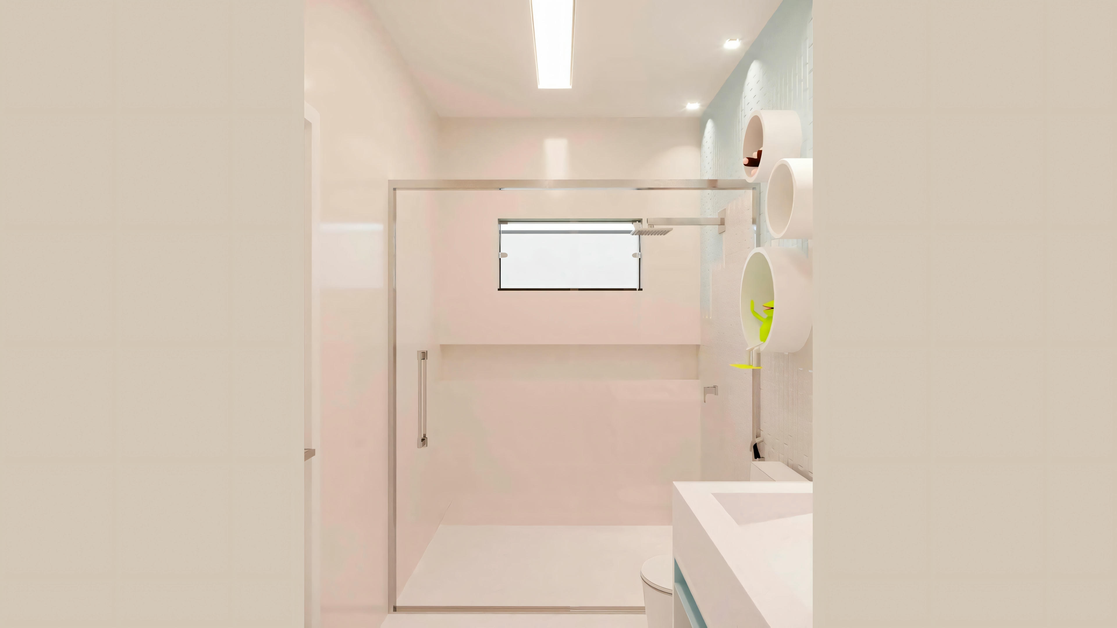 Un baño con lavabo, espejo y zona de ducha visible.
