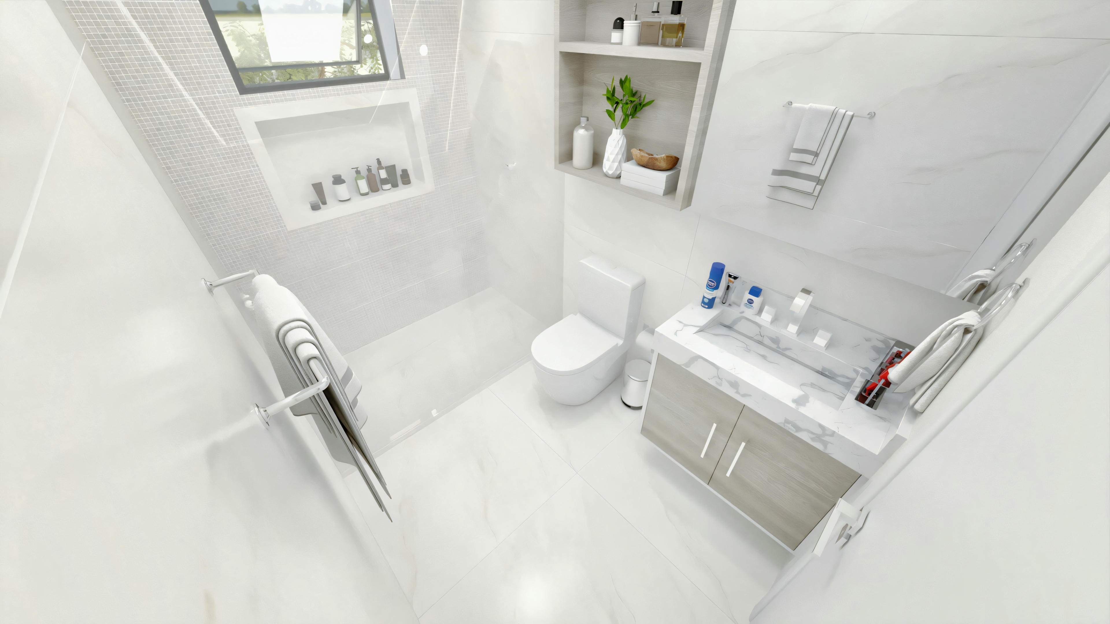 Un baño moderno con paredes blancas, inodoro, lavabo con espejo y bañera con ducha.