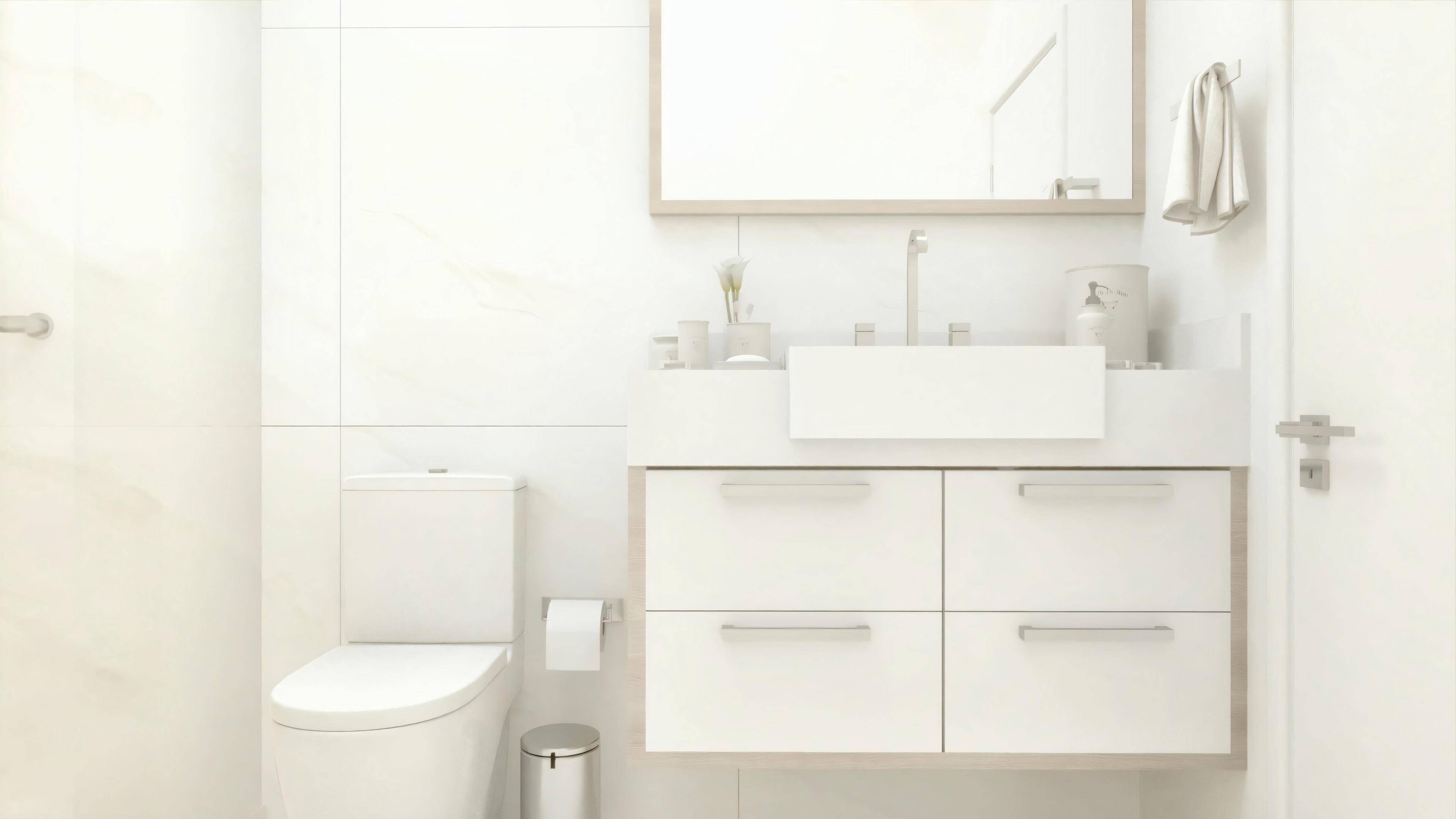 Un baño con paredes blancas, inodoro, lavamanos con cajones y espejo encima del lavamanos.