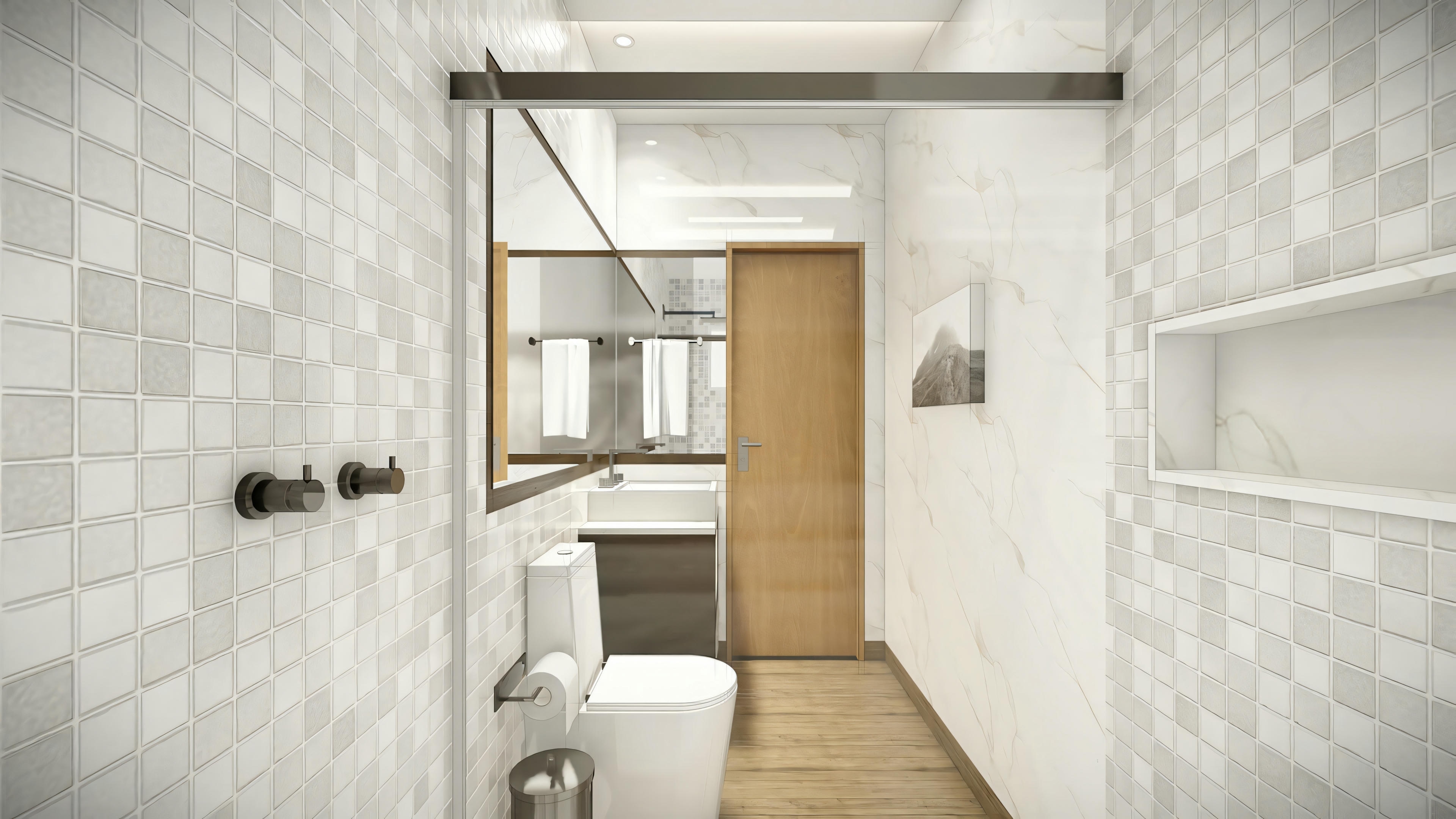 A small bathroom with white tiles, featuring a toilet, a sink, and a shower area without a visible showerhead.