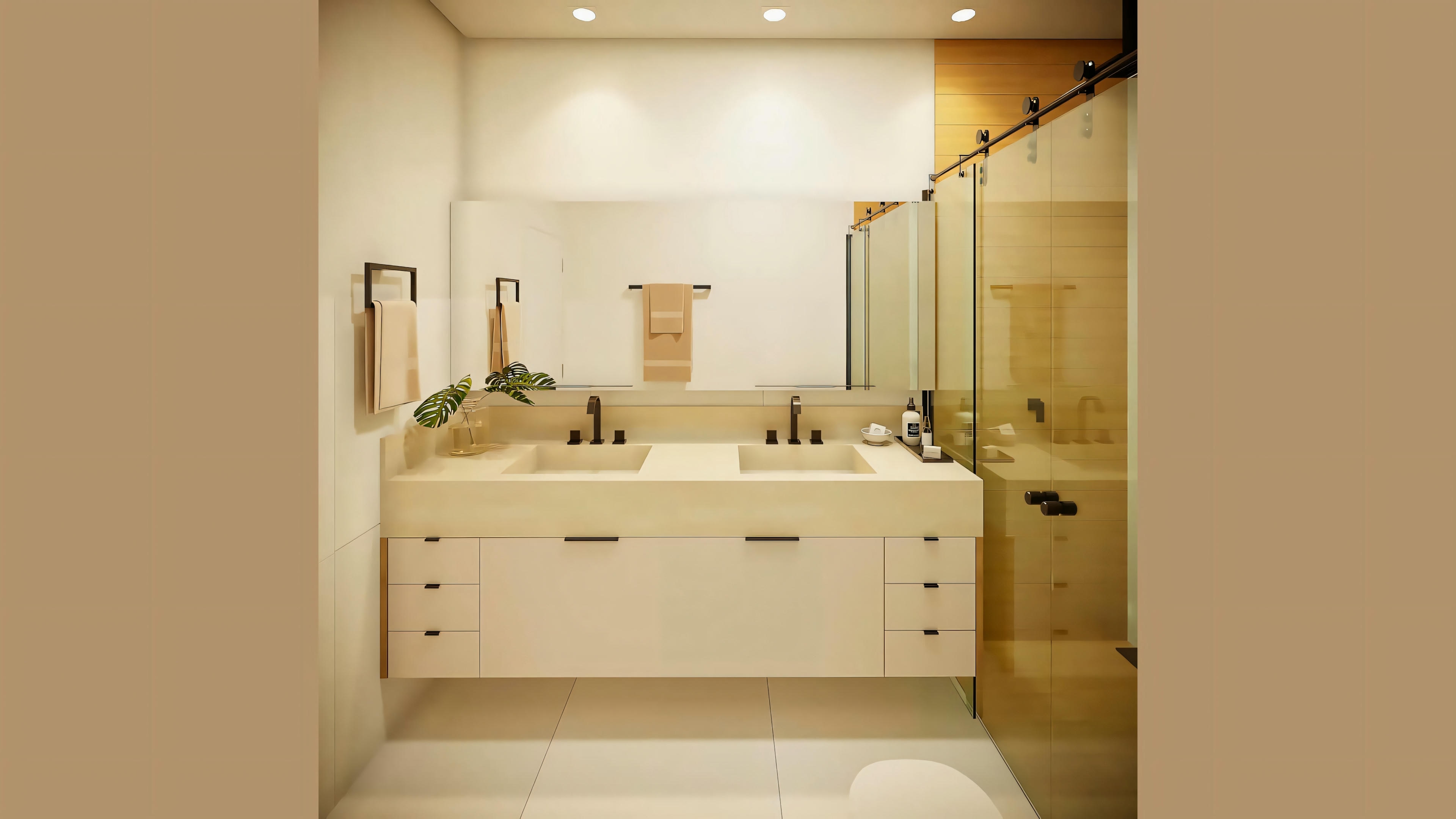 A bathroom with a double sink, large mirrors.