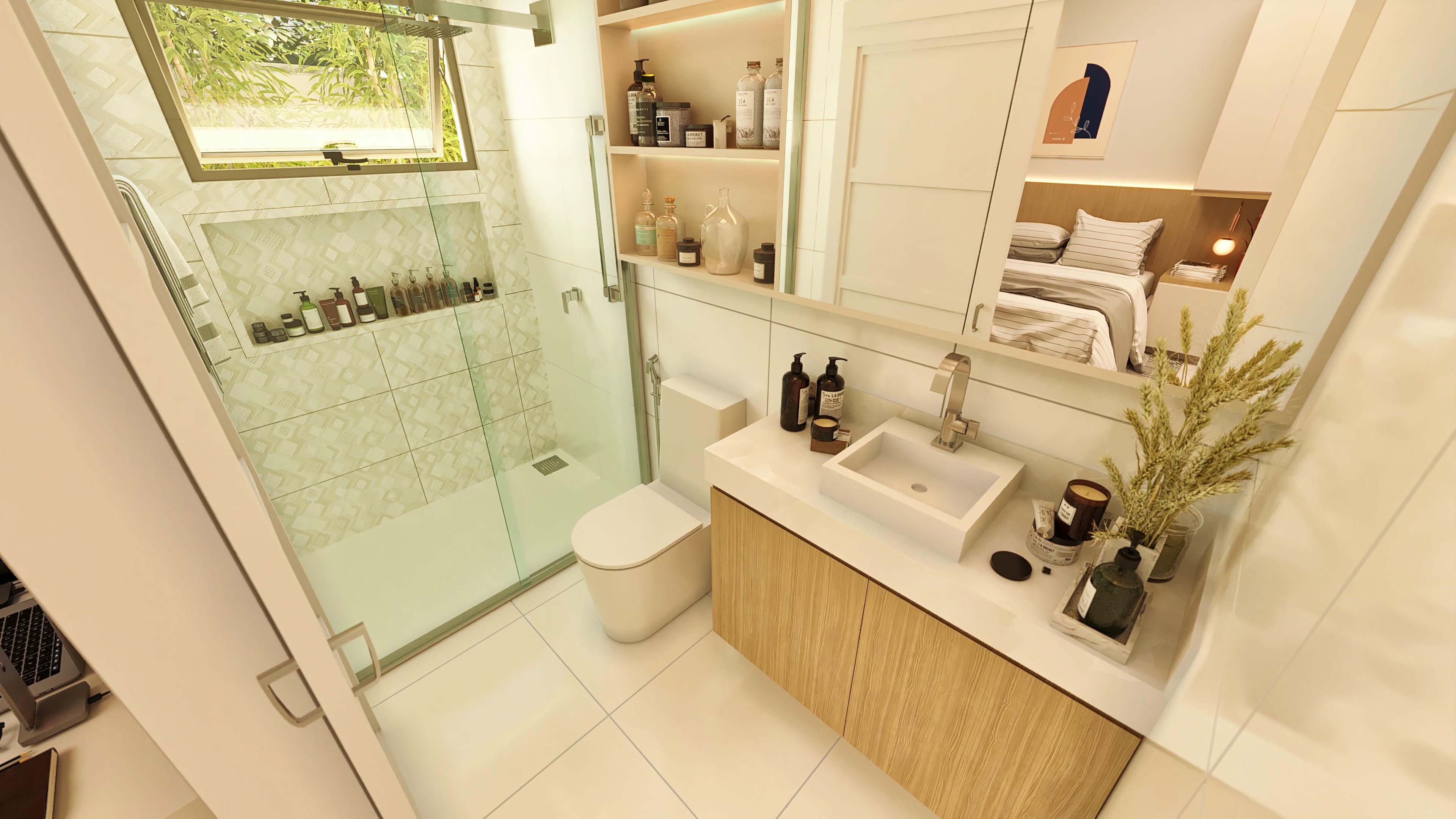 Bathroom with white cladding.