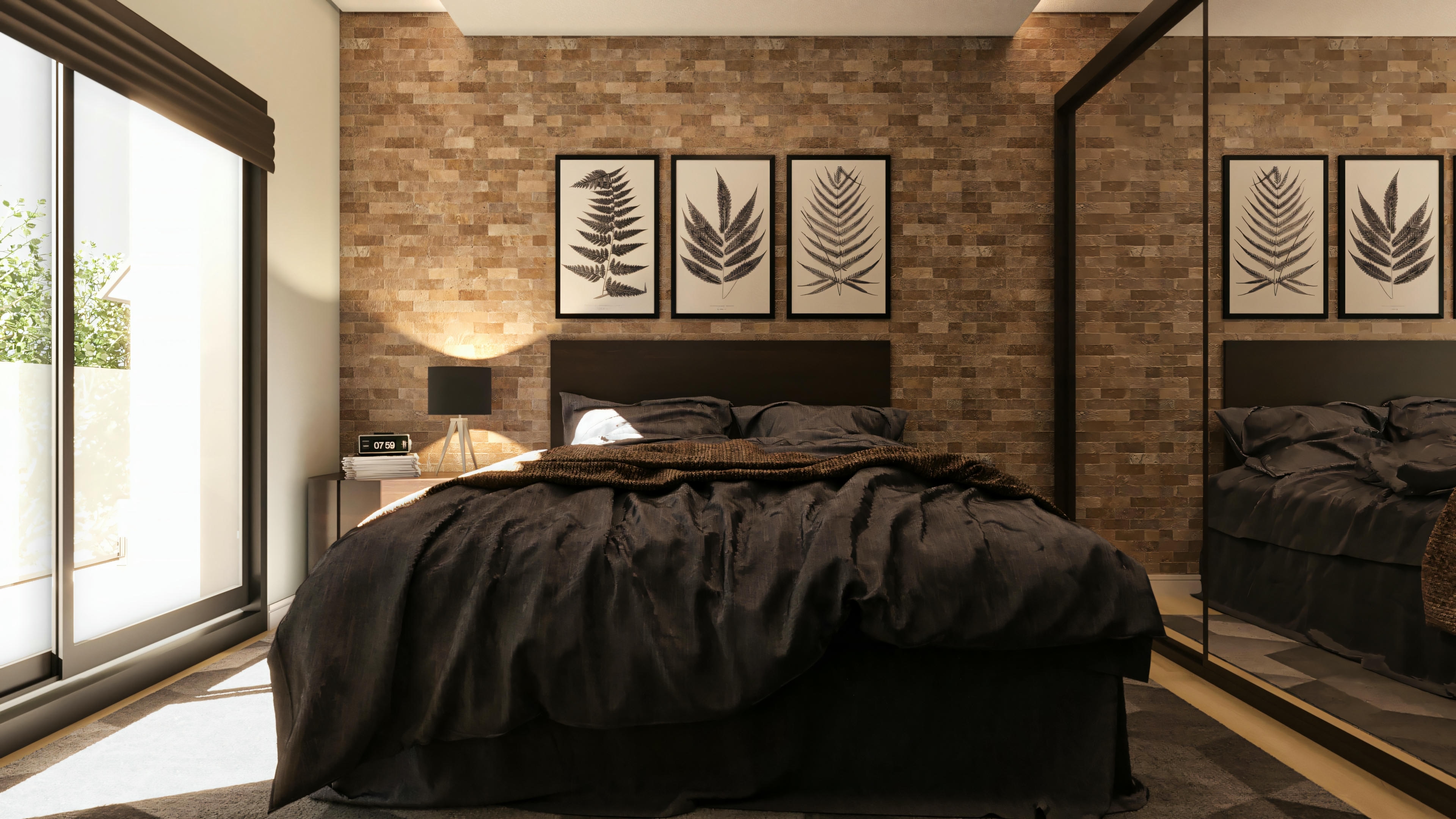 Master bedroom in a high-standard house with 5 suites, featuring a brick wall, bed with dark bedding, glass door to outdoor area, and mirrored wardrobe.