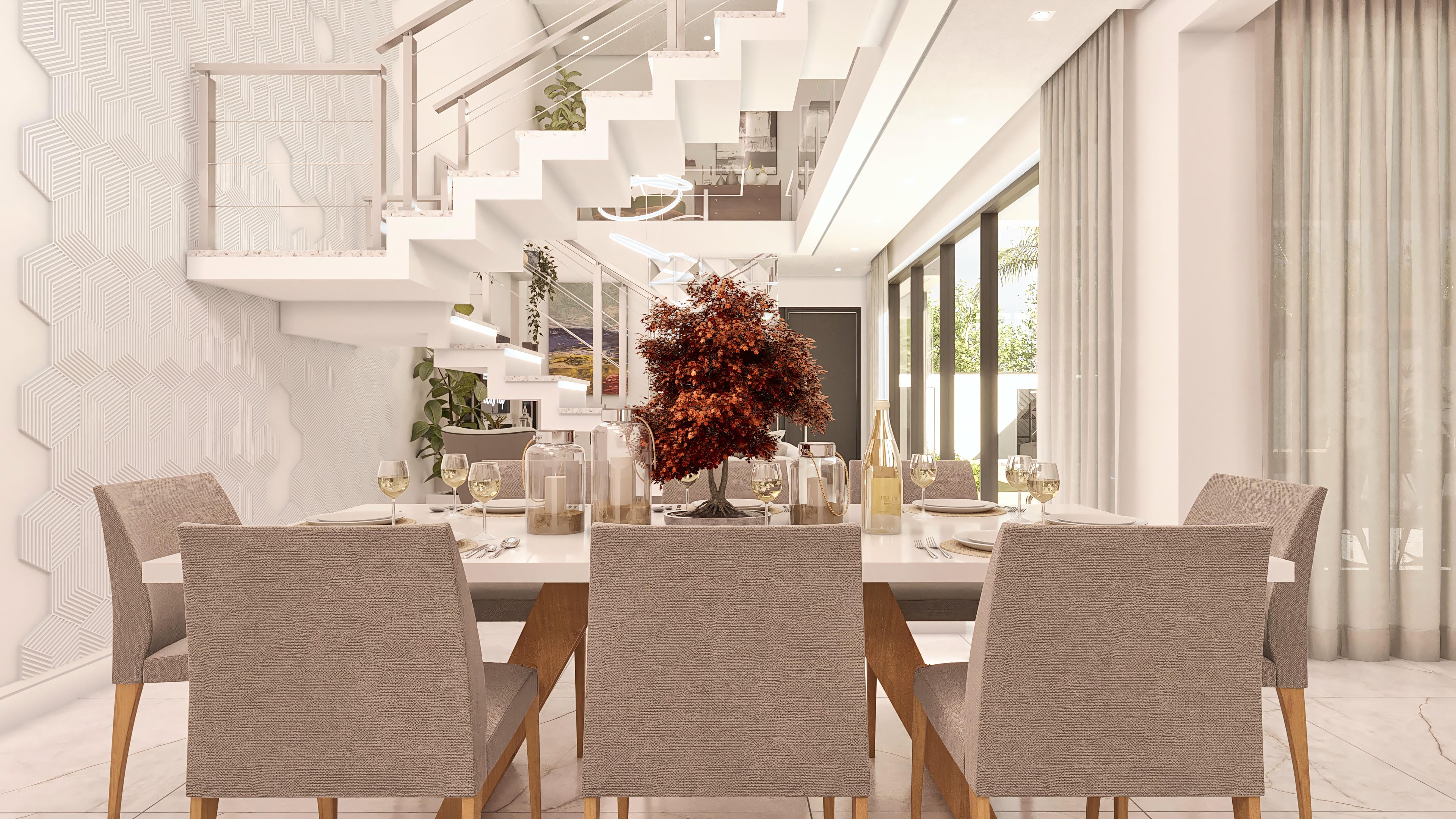 Detalle interior de una casa de dos plantas moderna, con mesa de comedor servida, sillas elegantes y una escalera imponente con iluminación empotrada.