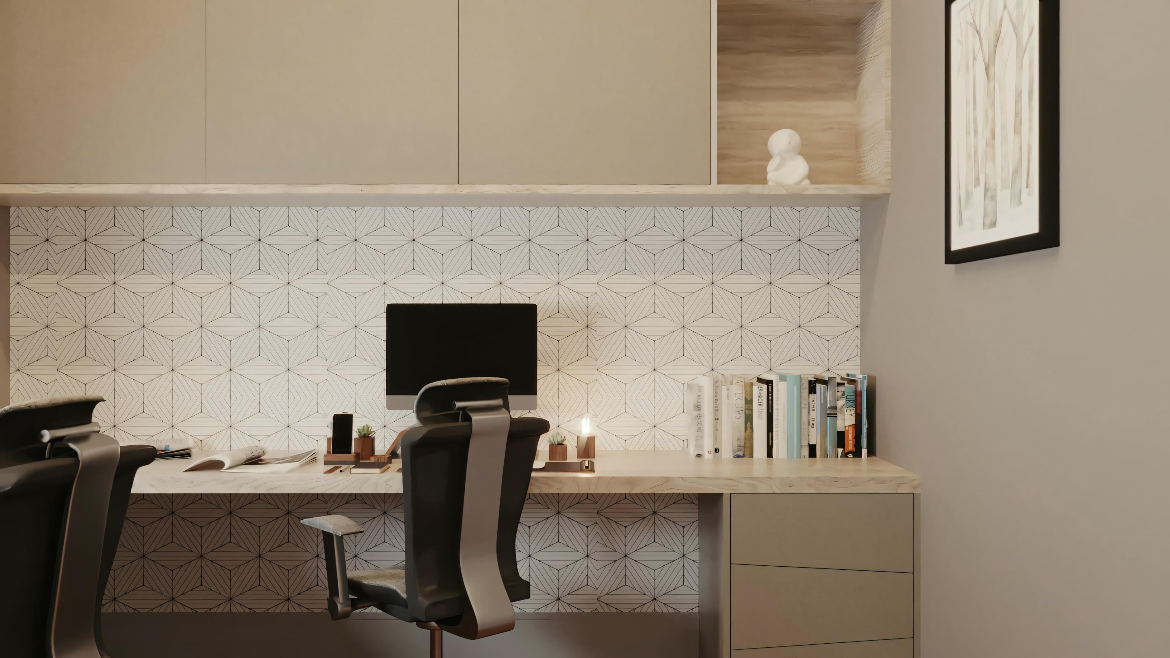Cocina interior con paredes de azulejos, gabinetes de madera, encimera y dos lámparas visibles.