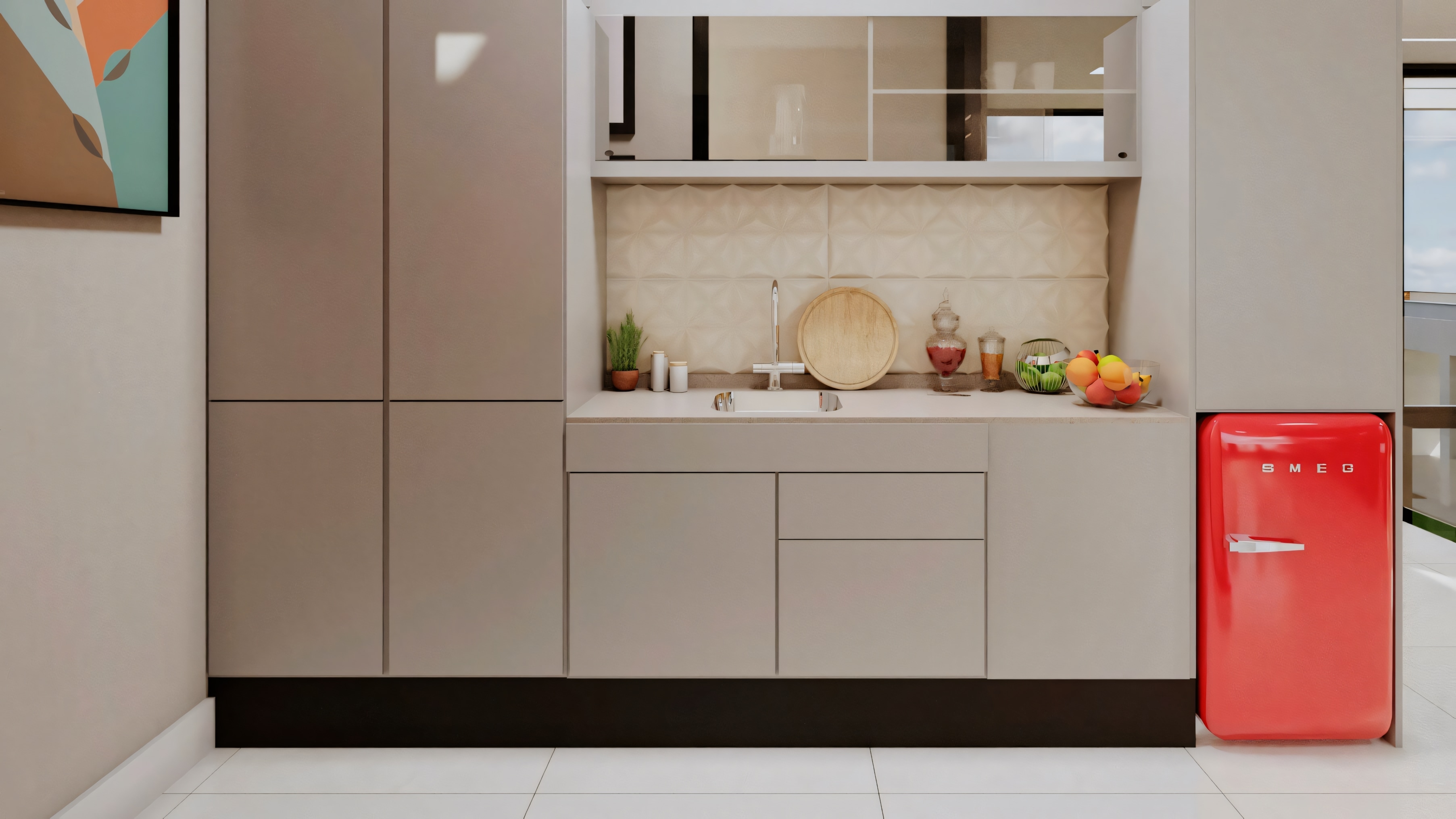 Cozinha moderna com armários, eletrodomésticos de bancada e objeto cilíndrico vermelho.