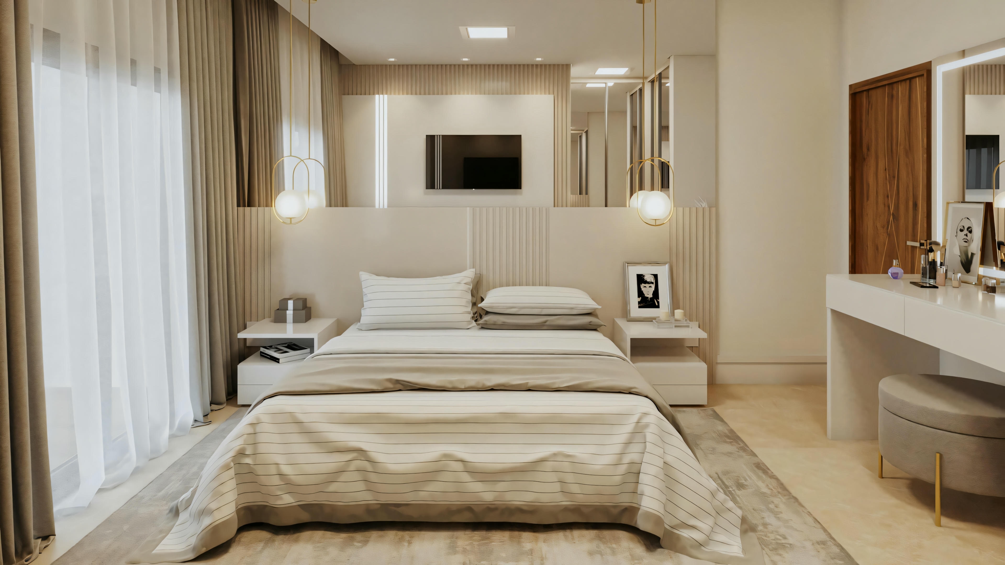 Vista frontal de la cama de matrimonio en uno de los cuartos suite del proyecto listo de casa de planta baja con 2 suites. Incluye mesas de noche, iluminación colgante, panel decorativo en la pared con TV empotrada, y mesada de maquillaje/tocador a la derecha.
