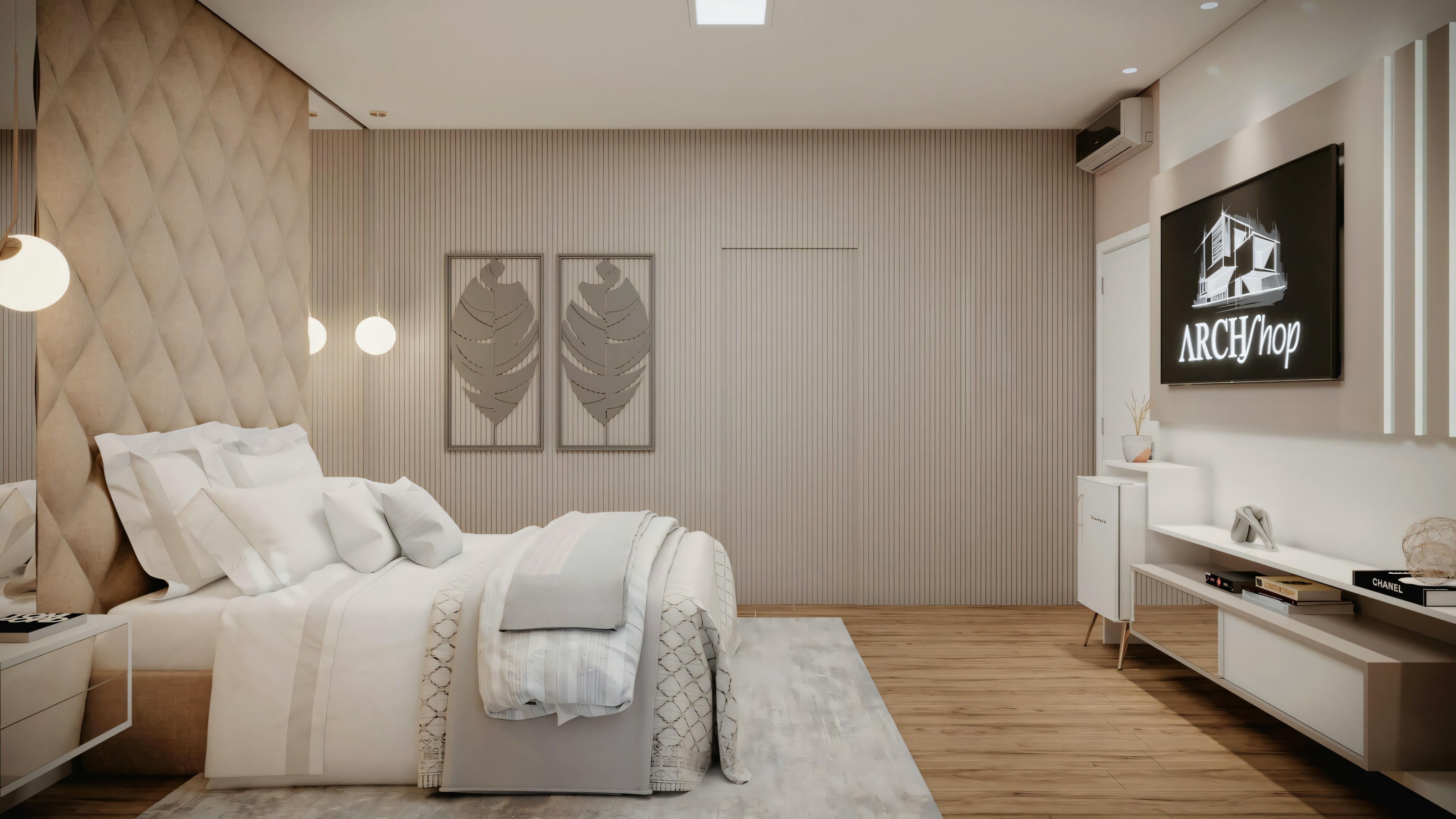 Un dormitorio con una cama grande, mesillas de noche y arte en la pared.