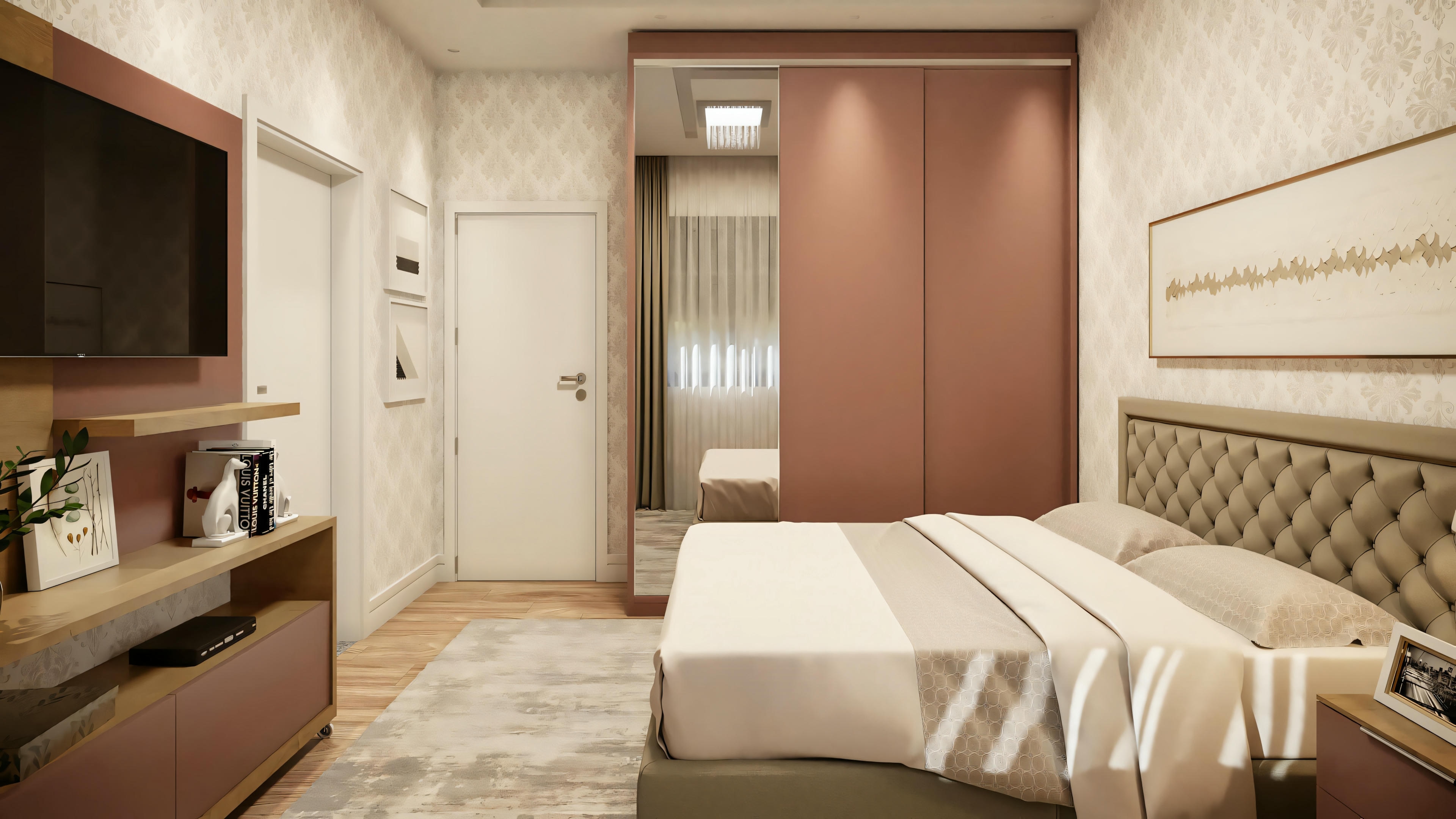 Un dormitorio moderno com cama de cabecero tapizado, estanterías empotradas con libros u objetos decorativos y una pequeña zona de trabajo com silla.
