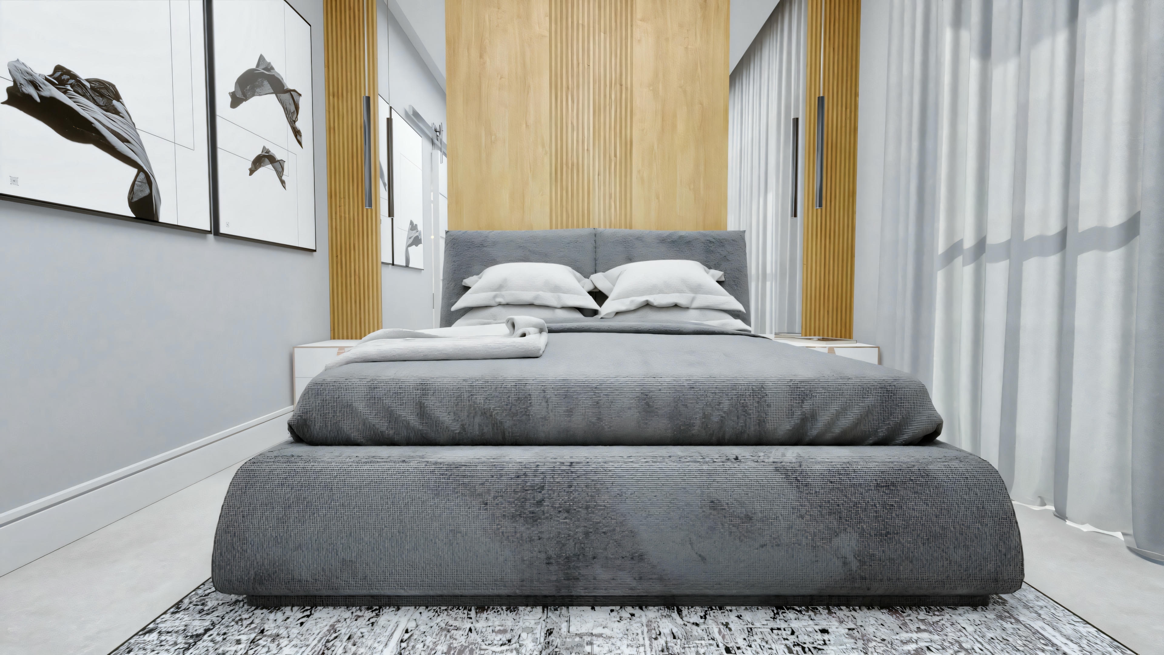 Un dormitorio contemporáneo con una cama grande, ropa de cama gris, mesas auxiliares con lámparas y grandes ventanas con cortinas.