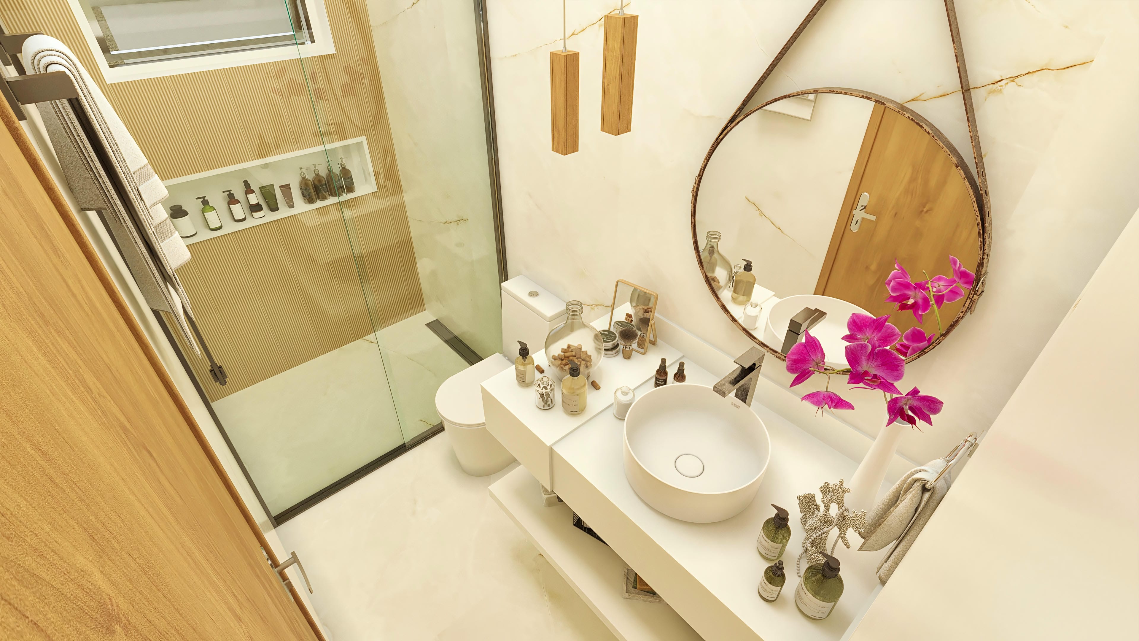 Detail of a modern bathroom with a sculpted sink, round mirror with rustic frame, black fixtures, and pink orchids. Woody cladding on the shower enclosure wall.