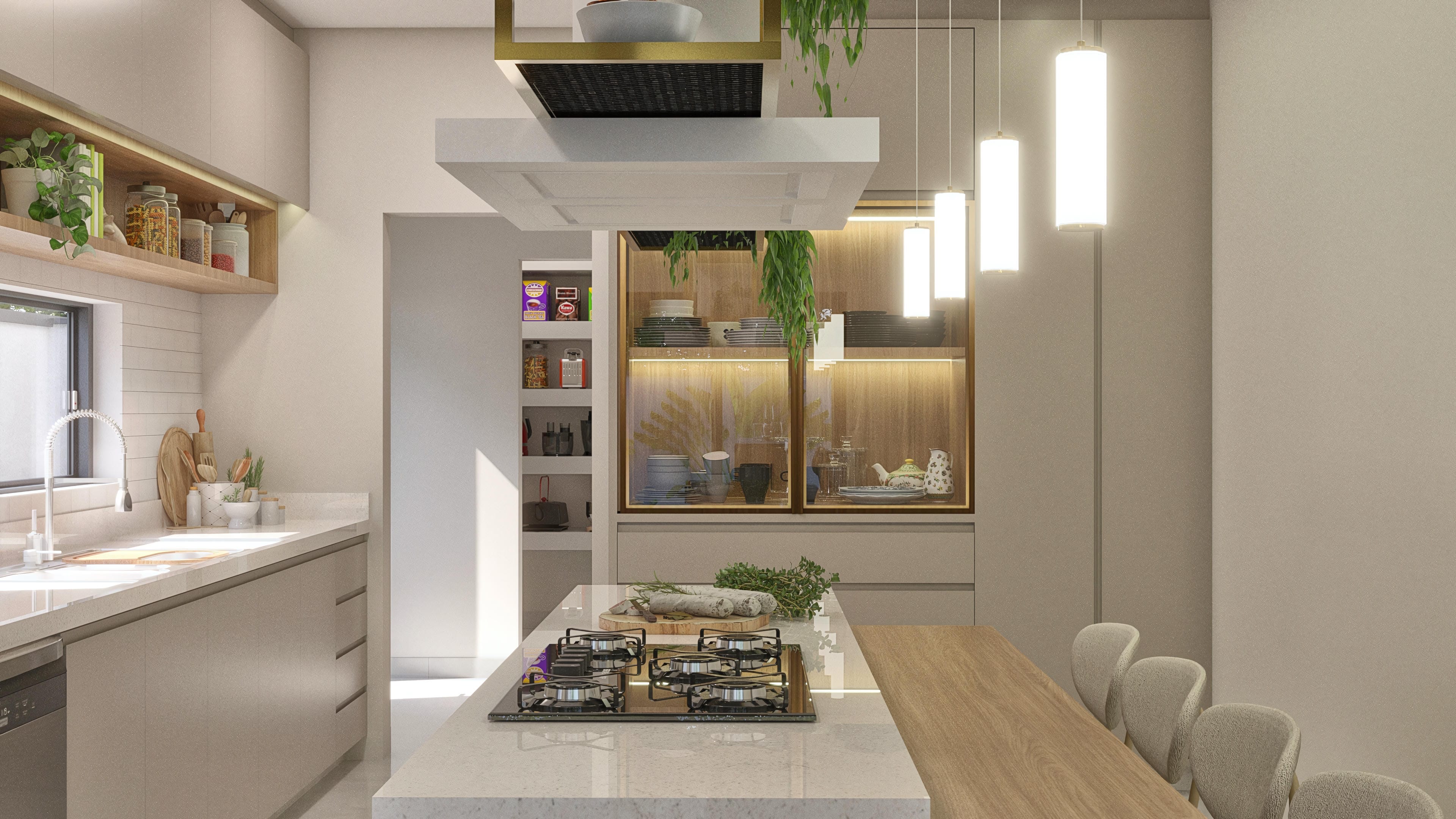 Detailed view of a modern kitchen with a quartz countertop, built-in cooktop, custom cabinets with LED lighting, and a central island with a wooden top.