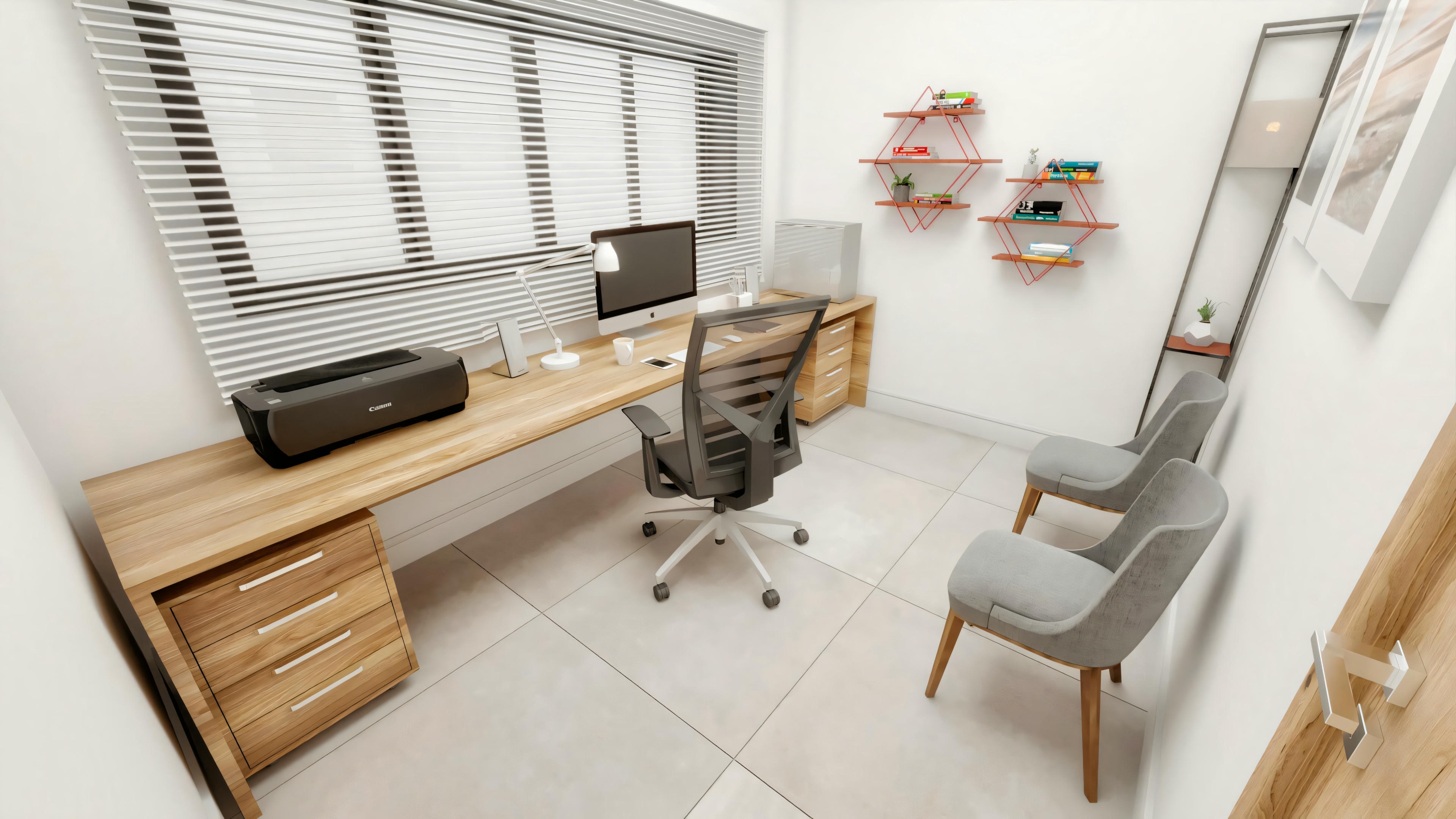 Escritorio en casa de campo con mesa de madera clara, silla ergonómica y computadora con monitor grande.