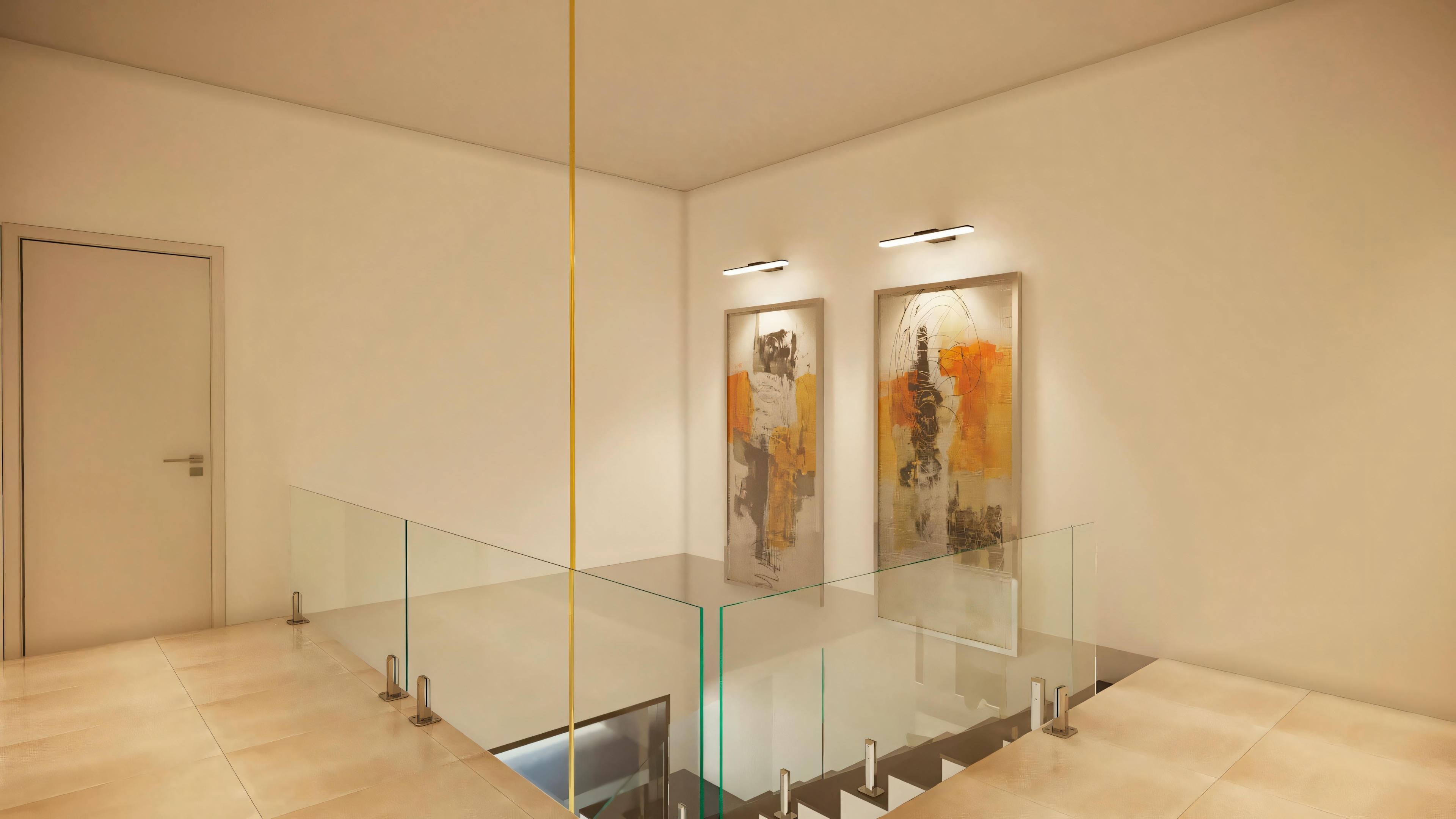 Espacio interior con paredes o divisiones de vidrio, piso de madera y una obra de arte en la pared del fondo.
