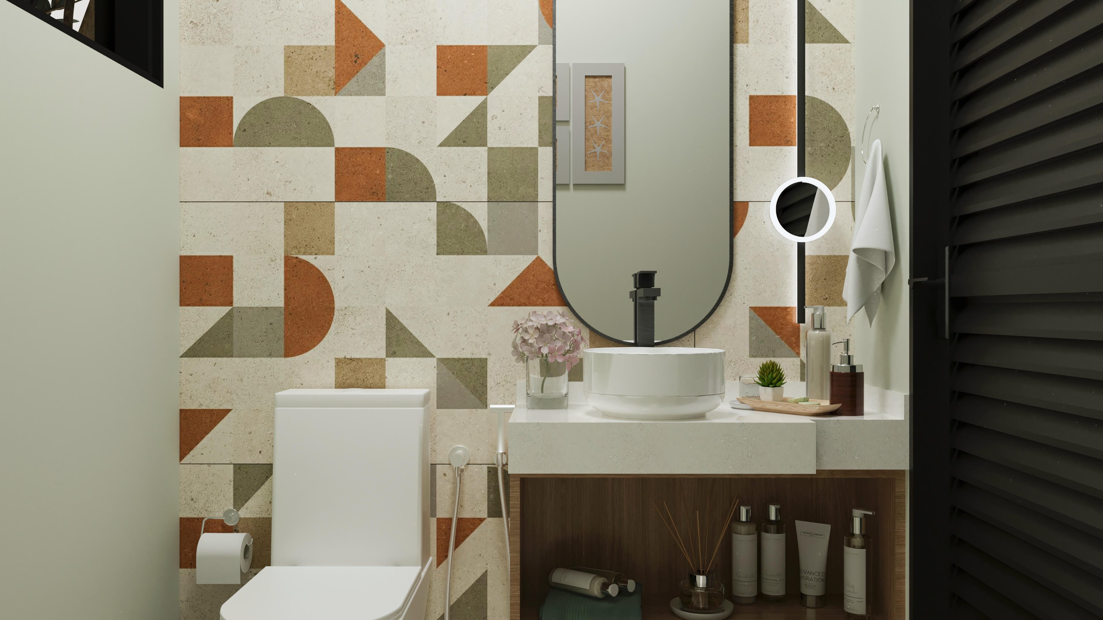 Modern cladding with geometric patterns in earthy and green tones, combining with white fixtures and dark metals.