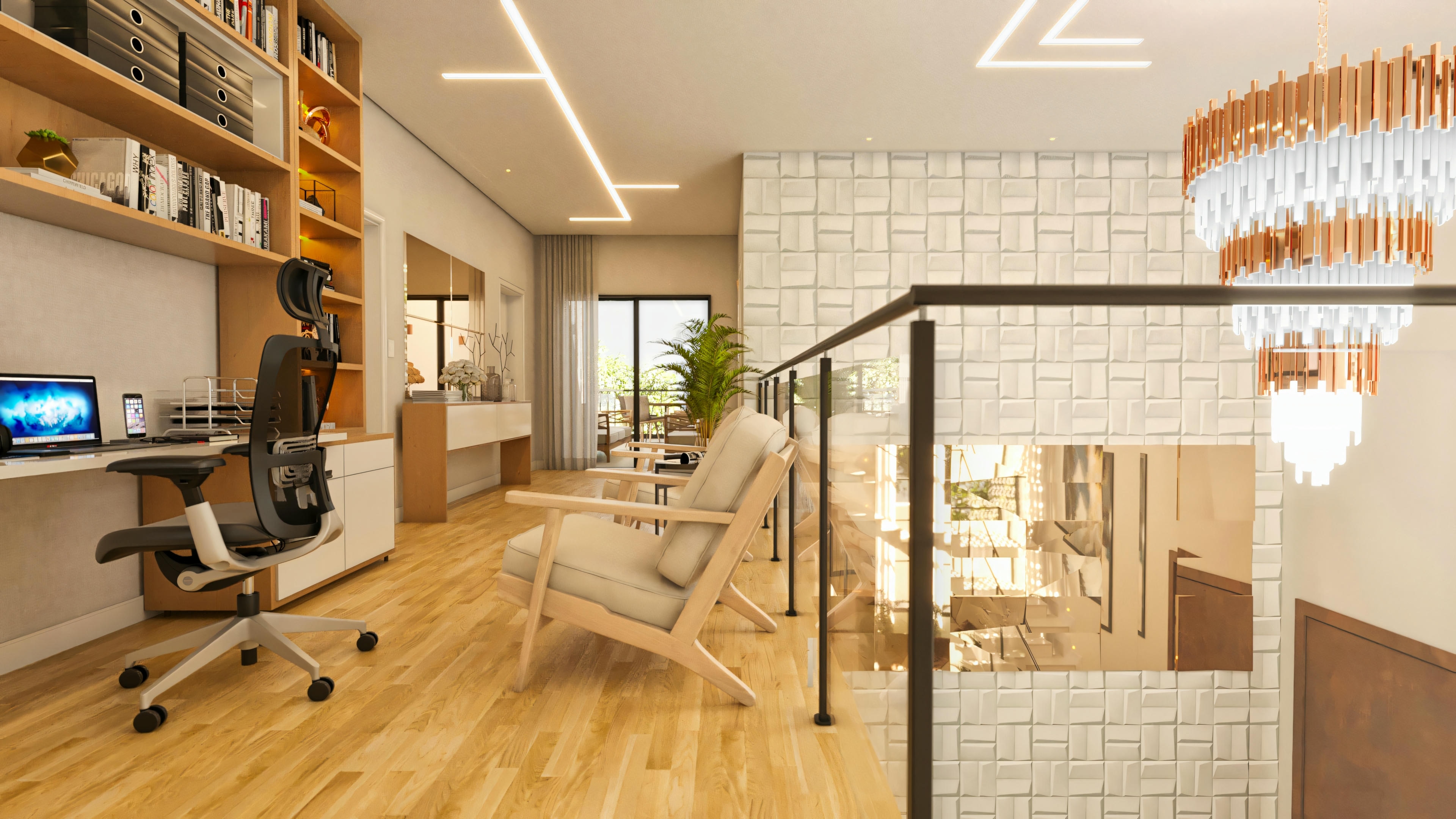 Spacious home office on a mezzanine with wood flooring, built-in bookshelf with lighting, ergonomic chair, and view of the living area and balcony, in a 394.84sqm house project.