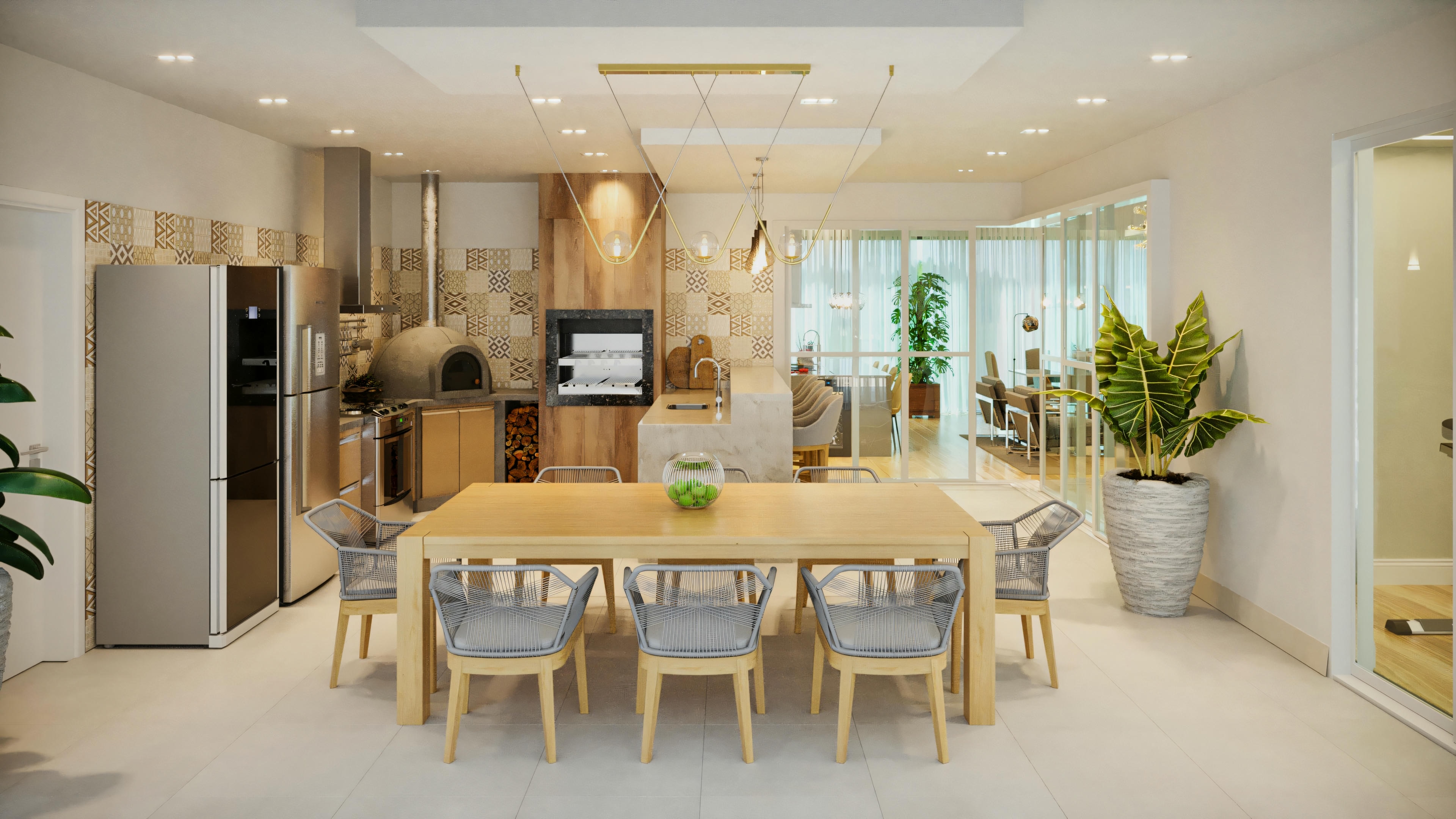 Spacious dining room with wooden table and designer chairs, integrated with a complete gourmet kitchen with pizza oven and barbecue, in a house with 3 suites and pool.
