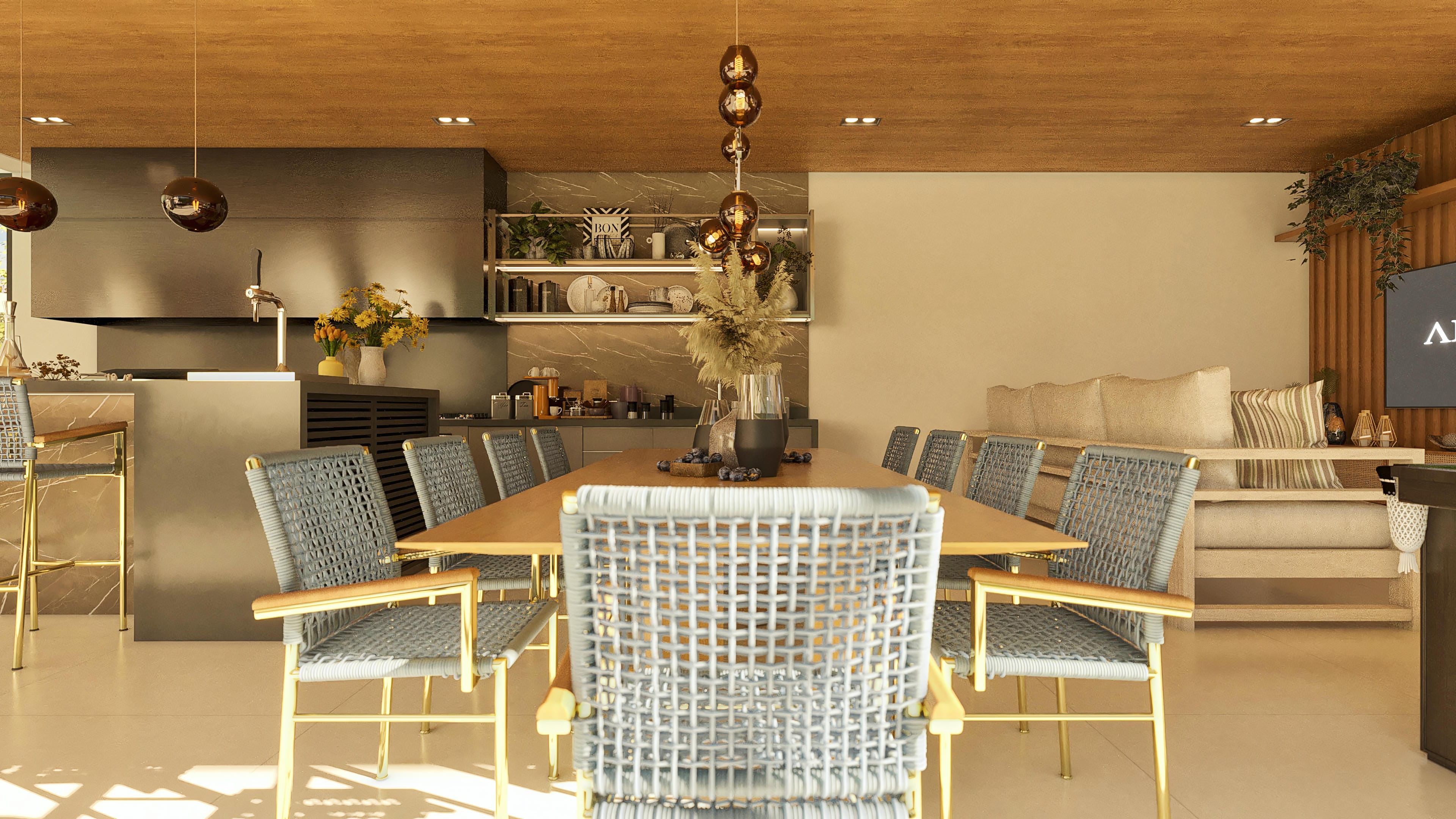 Interior of a luxury home with integrated dining room and kitchen, featuring a wooden ceiling, island with countertop, modern dining table and chairs, and sophisticated finishes.