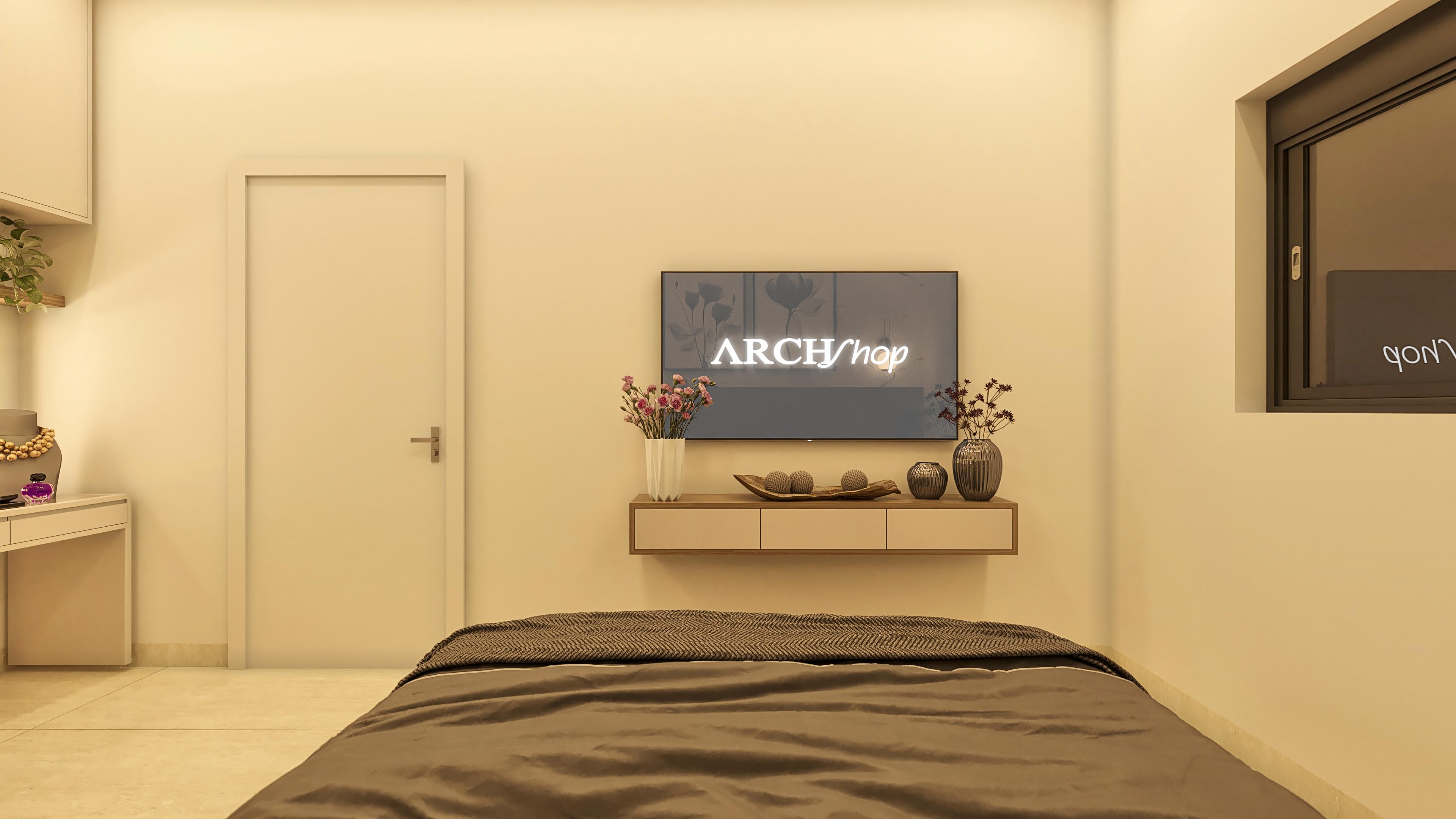 Interior de sobrado com cama de casal, mesa de apoio com gavetas, TV e decoração minimalista, em tons neutros e elegantes.