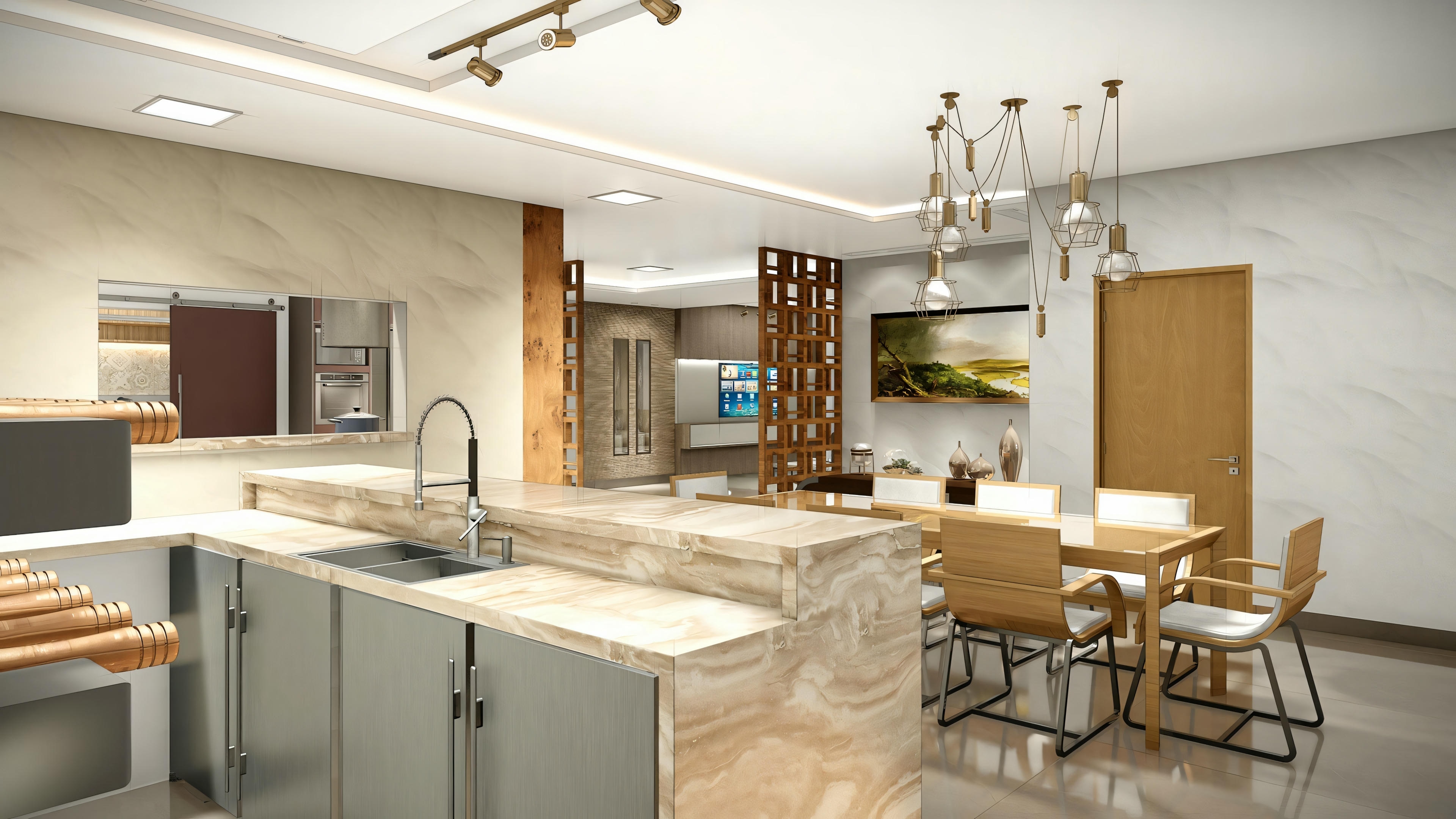 A kitchen with an island and bar stools.