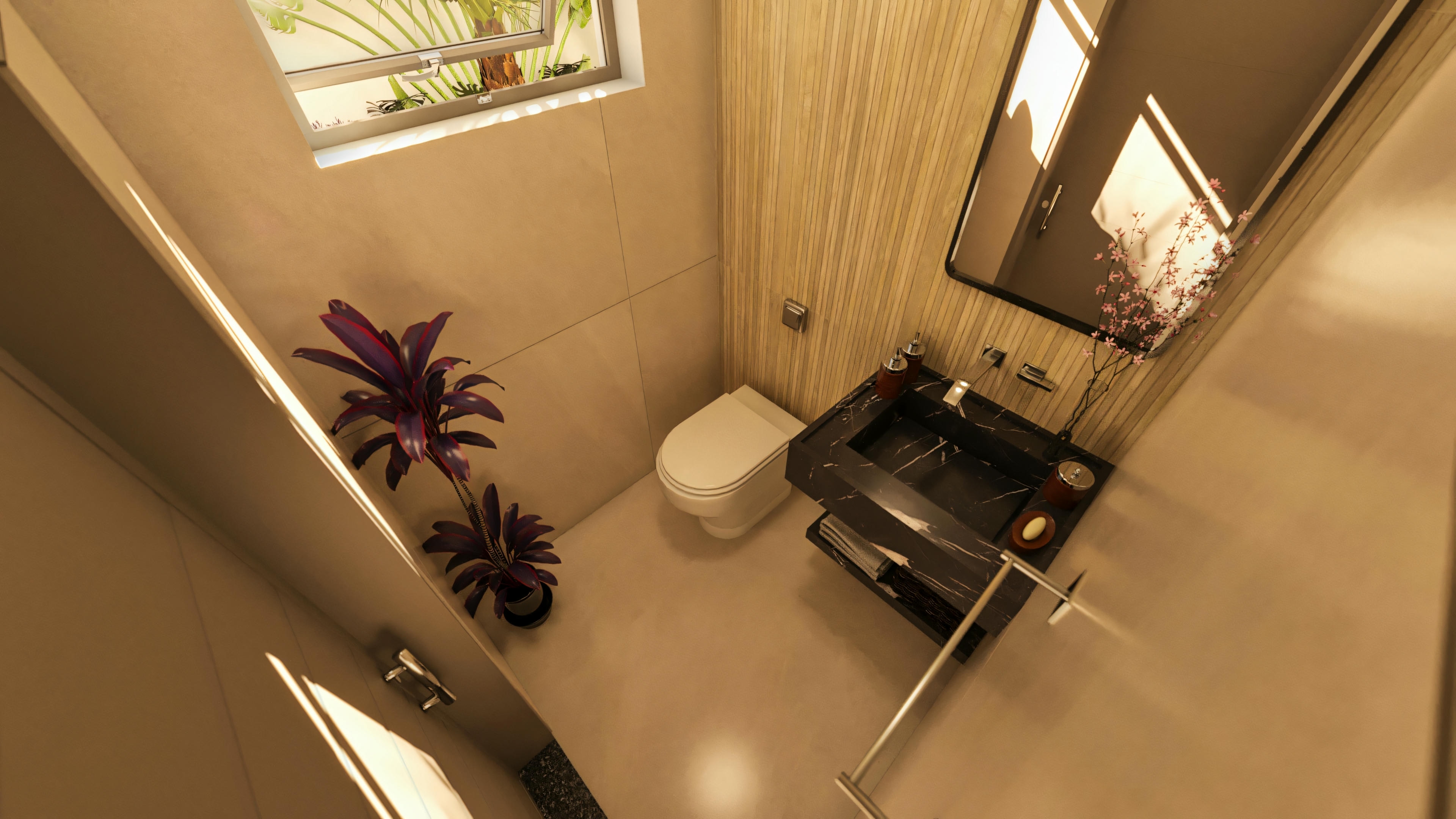 Baño de visitas compacto con decoración discreta e iluminación natural.