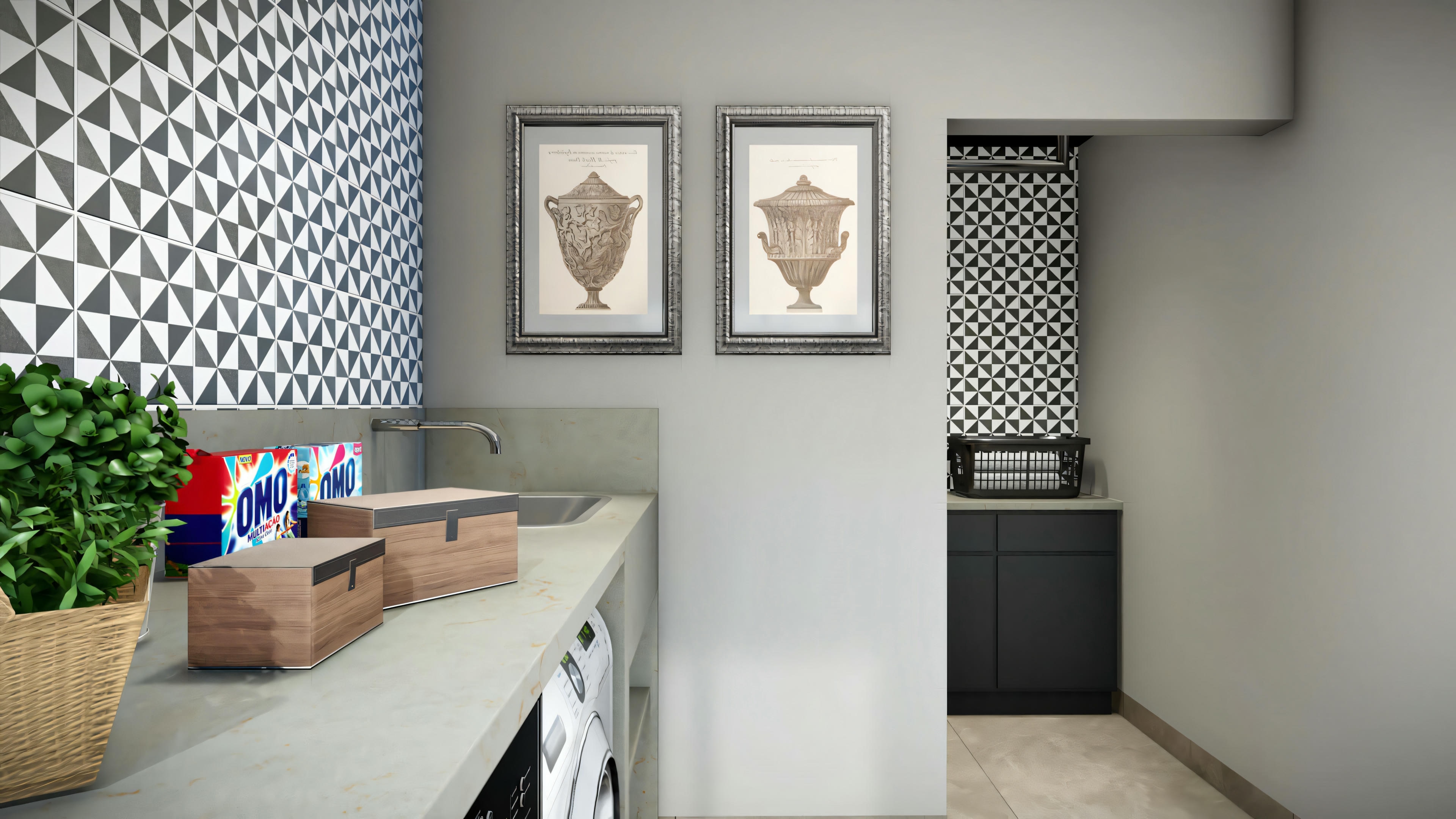 Una lavandería moderna con gabinetes blancos, fregadero y planta decorativa.