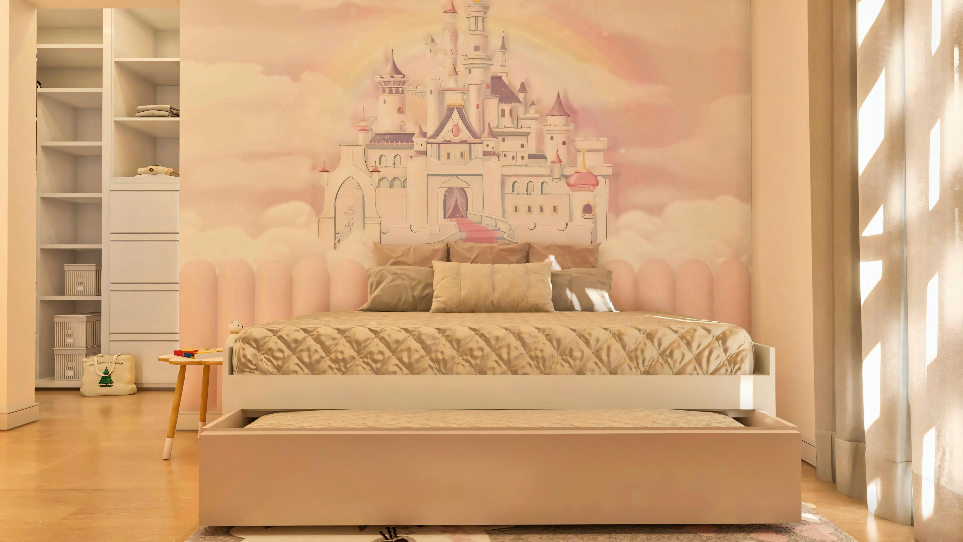 Girl's room in a luxury house suite, with a bed with trundle, princess castle theme decor, and built-in wardrobe.