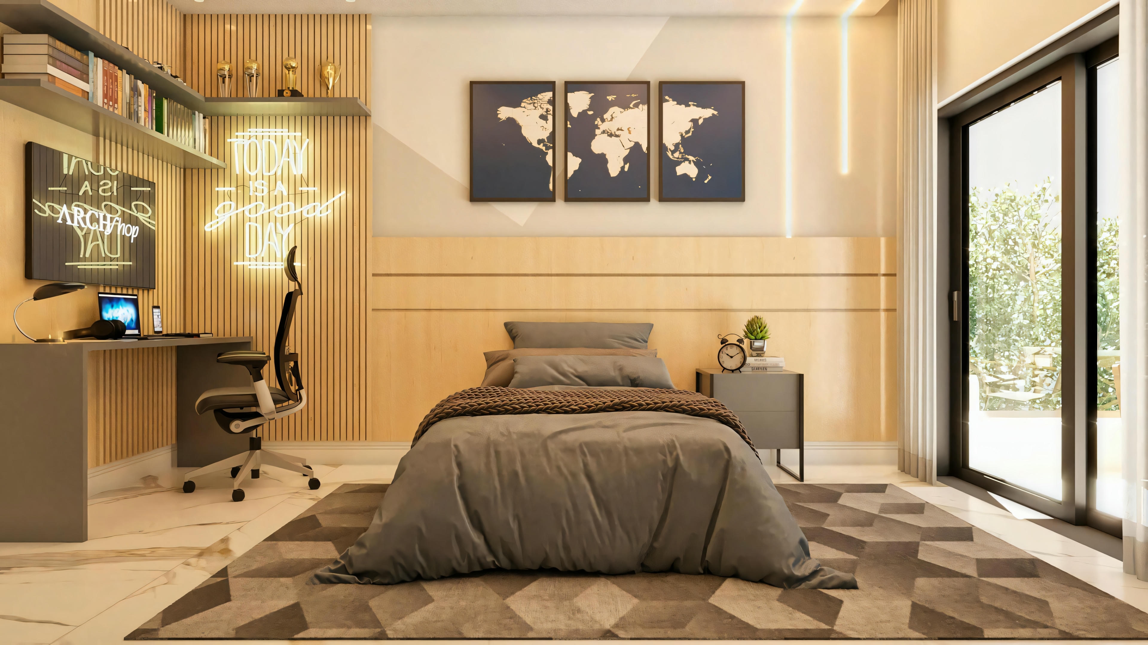 Master suite bedroom in a luxury house project, with bed, wood panel, study desk, modern decor, and access to outdoor area.