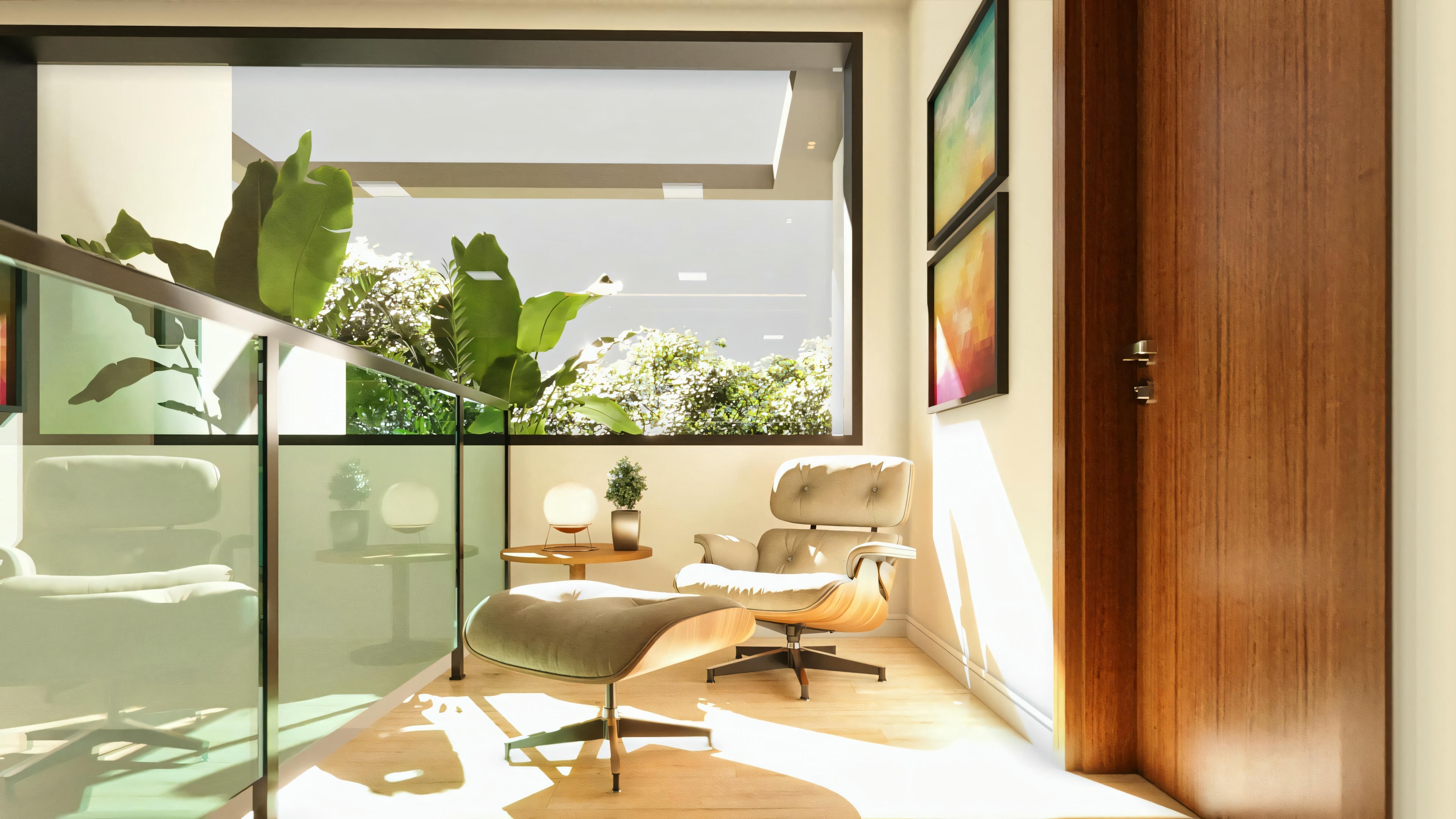 Área de estar íntima en el mezanine/hall superior en proyecto de casa moderna, con sillón de diseño y puf, mesa lateral, barandal de vidrio y ventana amplia.