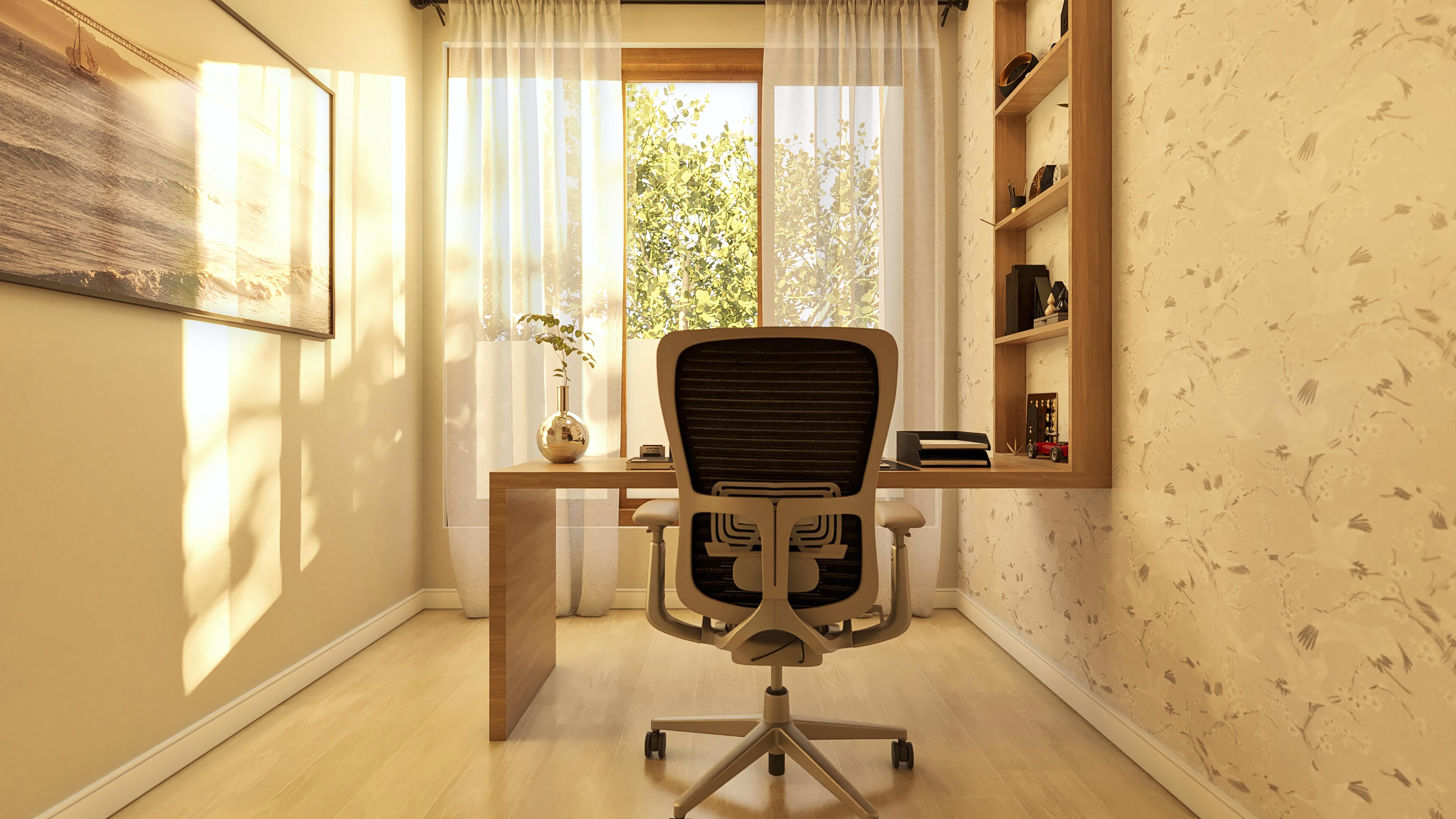Interior of a modern office with light wood desk, ergonomic chair, built-in shelves, and a landscape painting on the wall.