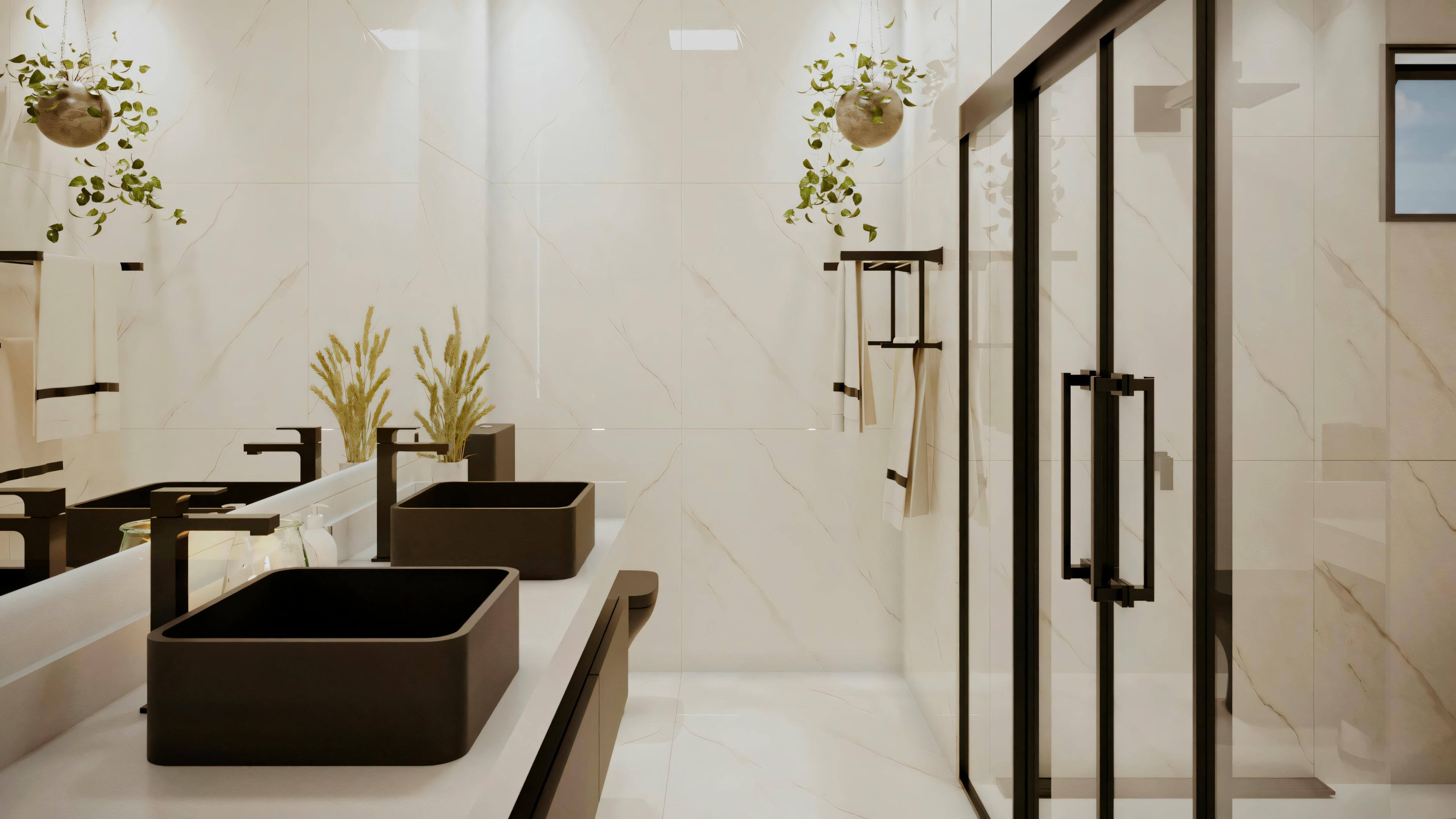 Modern bathroom with a black freestanding bathtub, black sink, and gold faucets. Potted plants add a touch of green to the space.