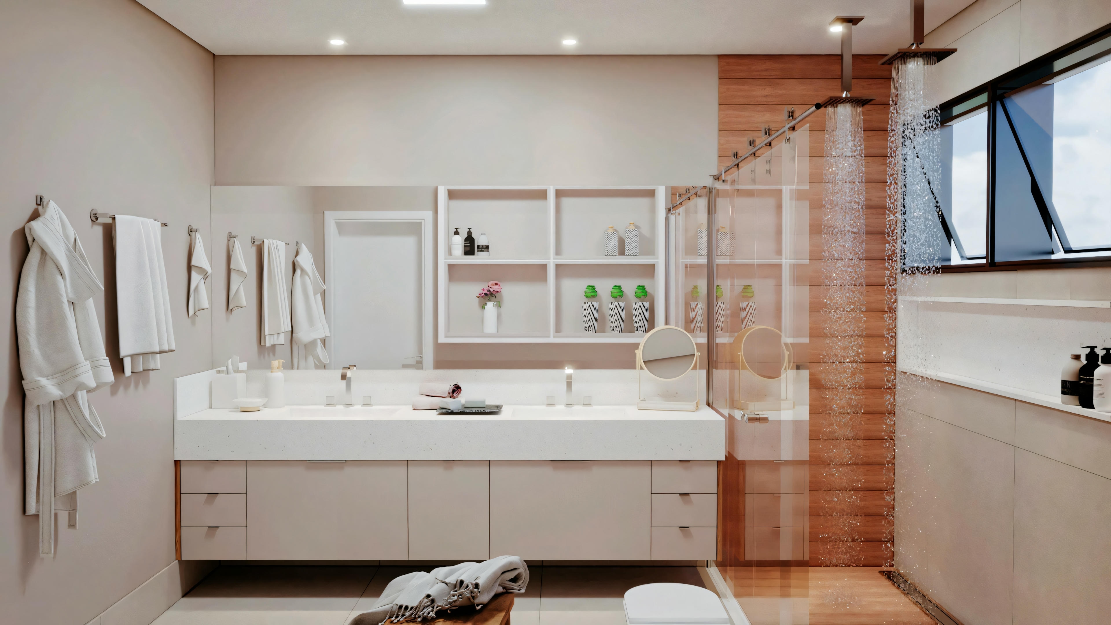 Modern bathroom with a double sink, large mirrors, and glass shower. Towels hanging on the left and brick-style tiles on the right wall.