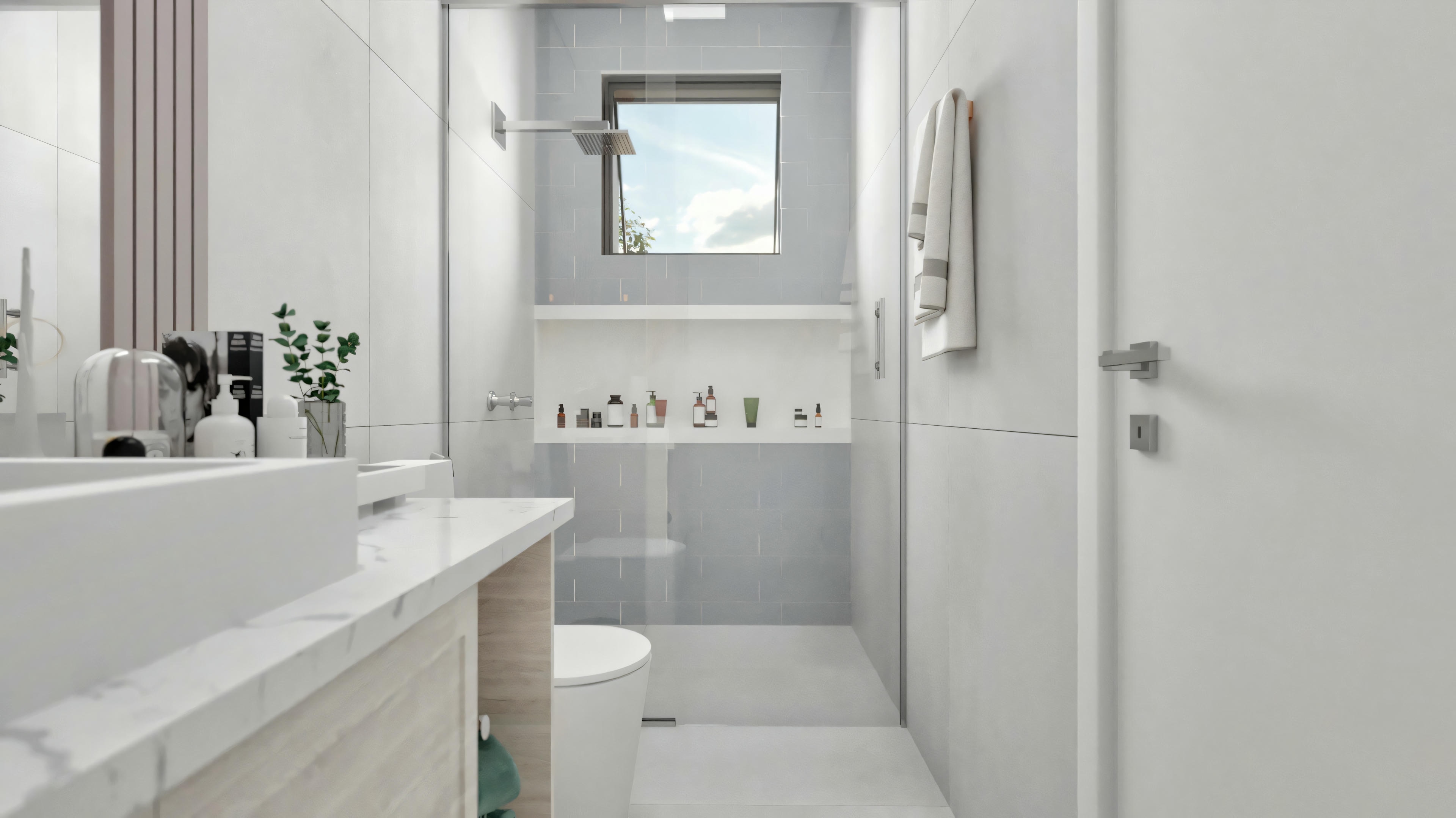 Modern bathroom with sink, mirror, and wooden cabinets.