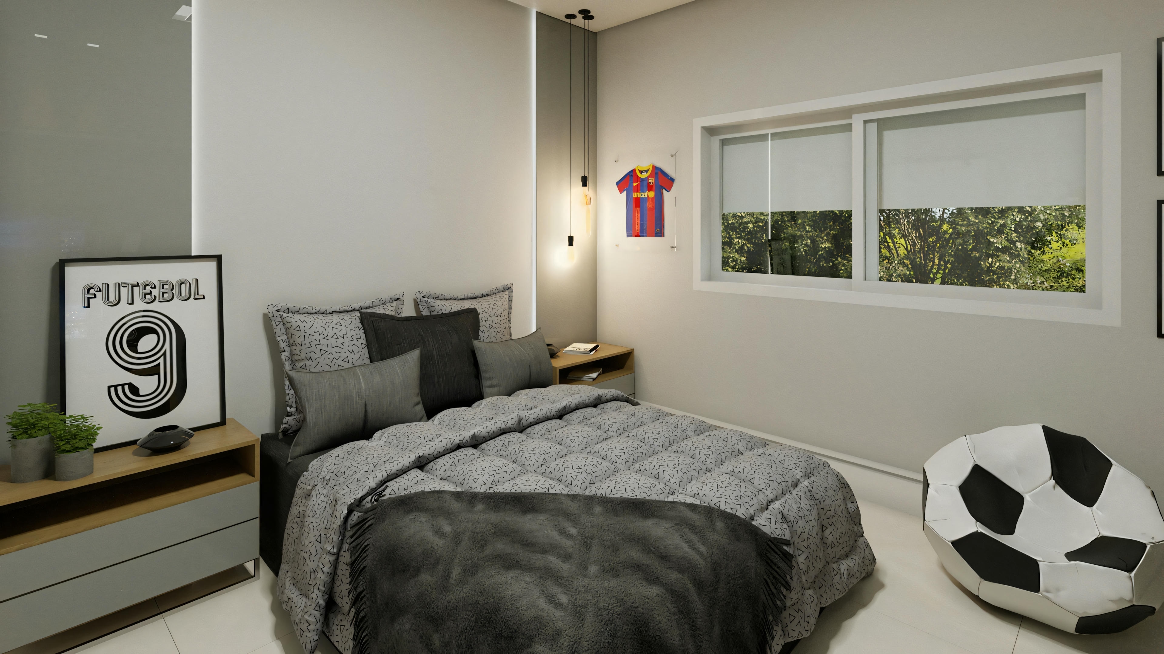 A modern bedroom with a large bed, nightstand with decorative items, and a window overlooking a green area.