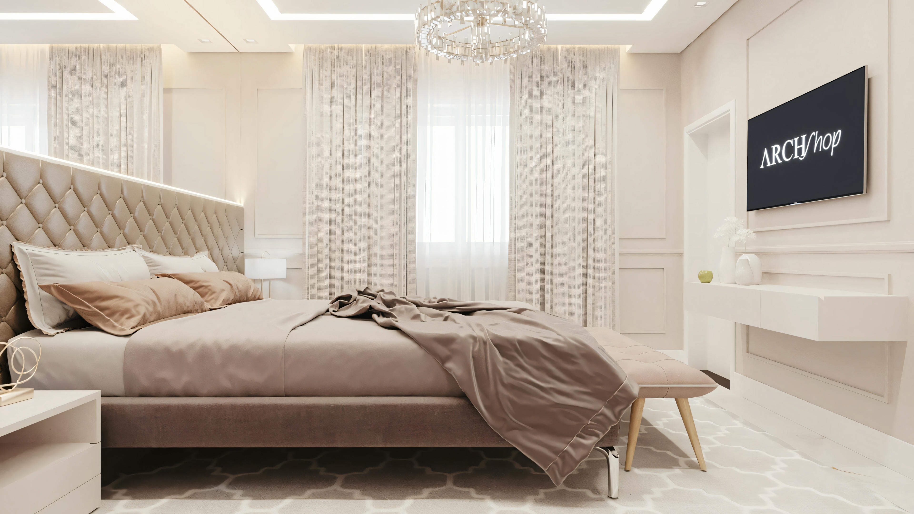 A bedroom with a large bed in the center, nightstands, and a television mounted on the wall.