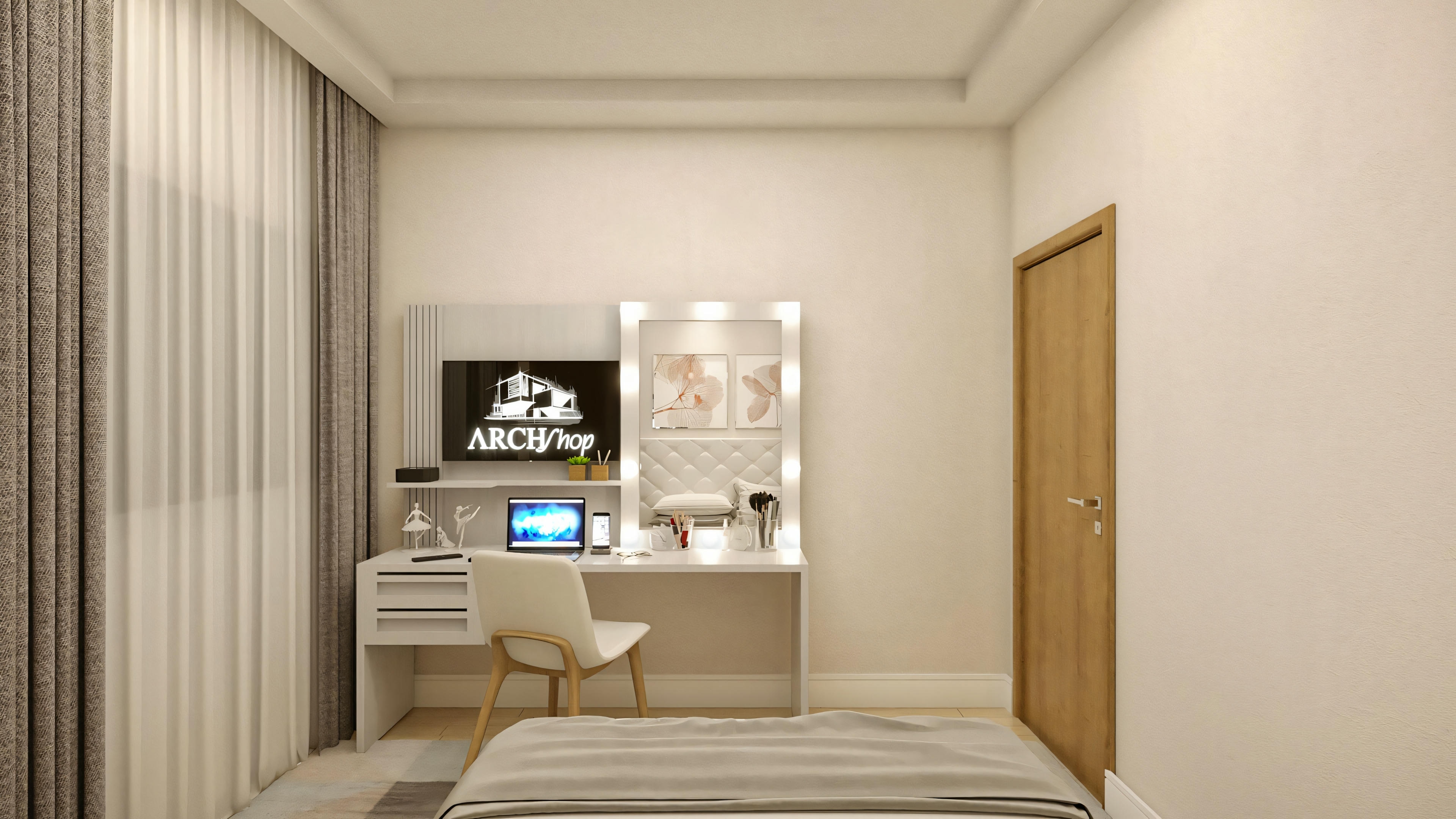 A modern bedroom with a bed in the foreground, a desk with a computer to the right, and a flat-screen television mounted on the wall opposite the bed.