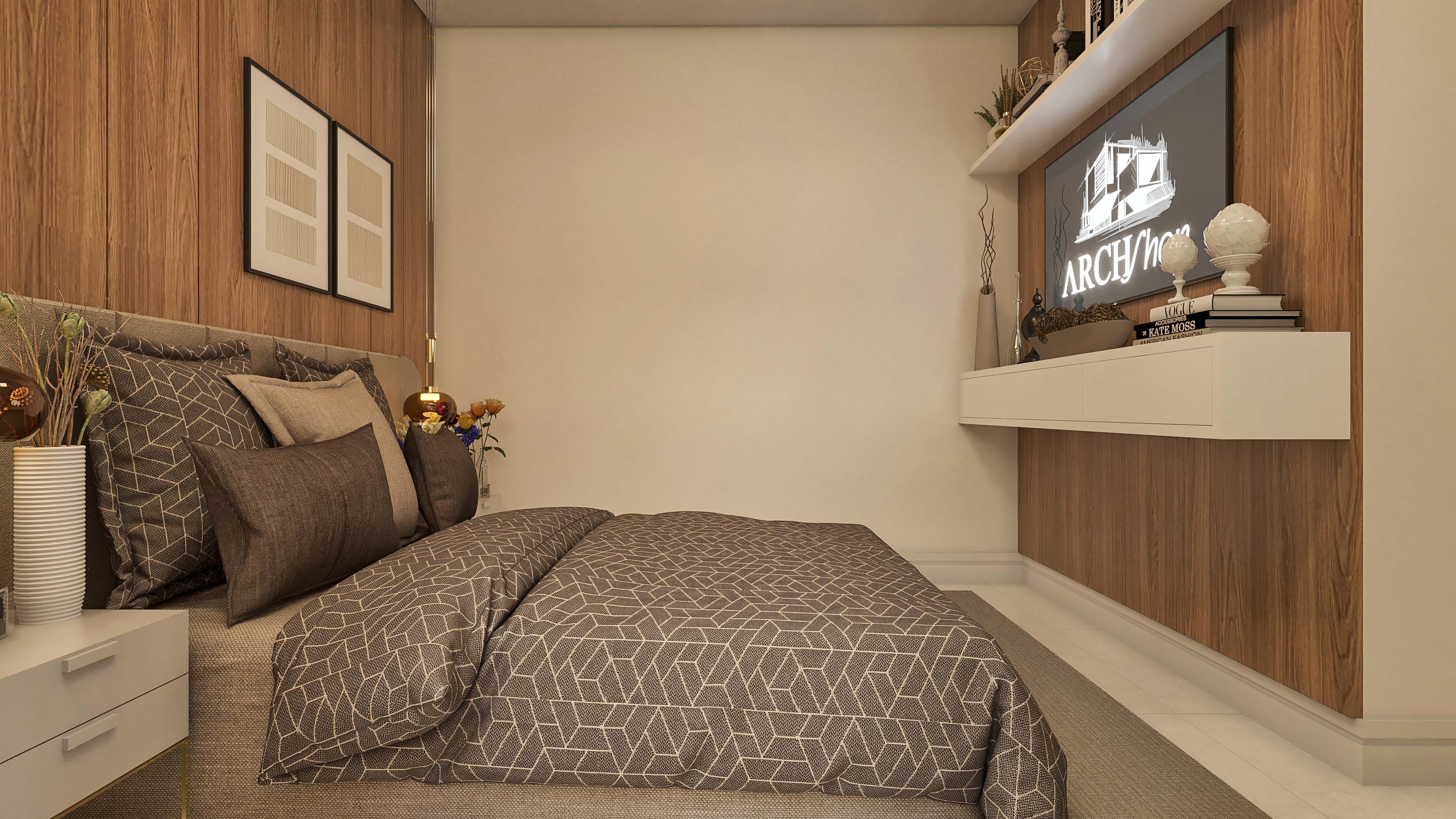 Bedroom interior with a wood-clad wall, comfortable bed with patterned sheets, and modern decorative objects.