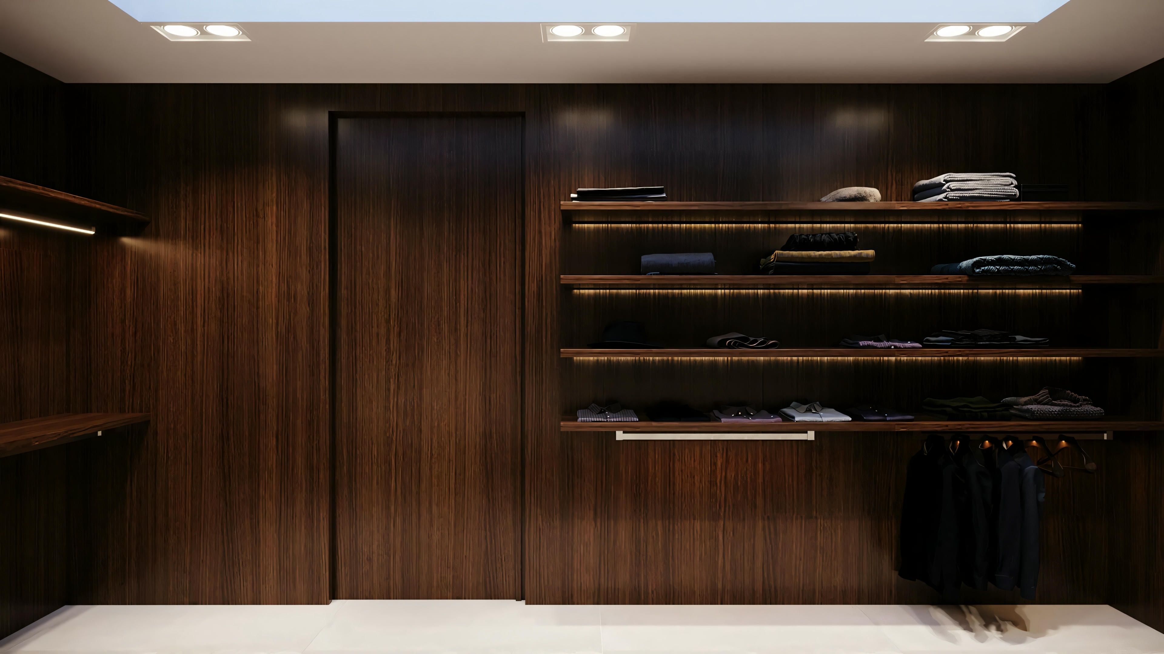 A modern closet with high-quality wooden shelves, well-lit by recessed ceiling lights.