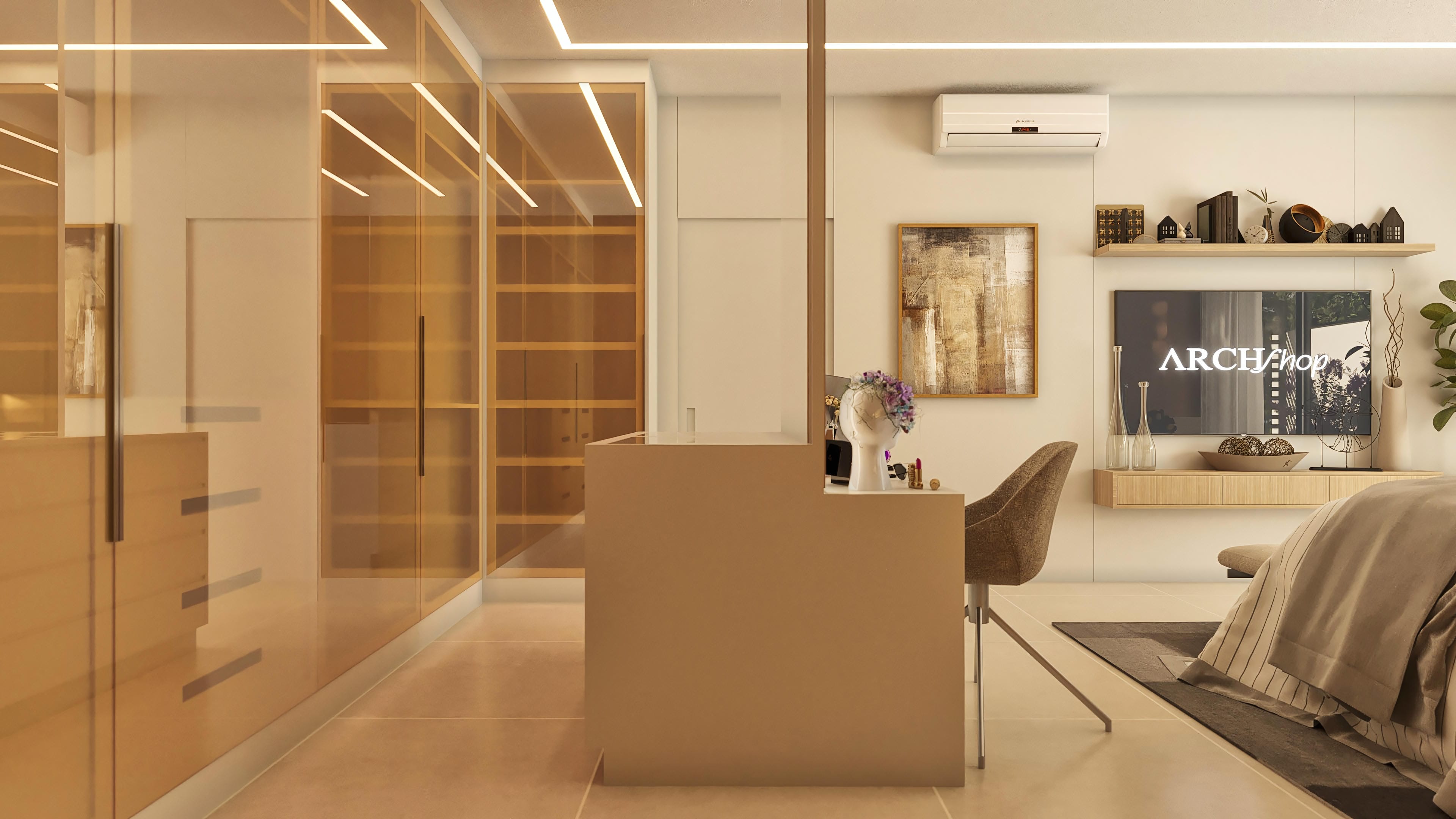 Interior of a modern closet with custom cabinets in light wood tones and mirrored finish, built-in LED lighting, and a central counter with a chair.