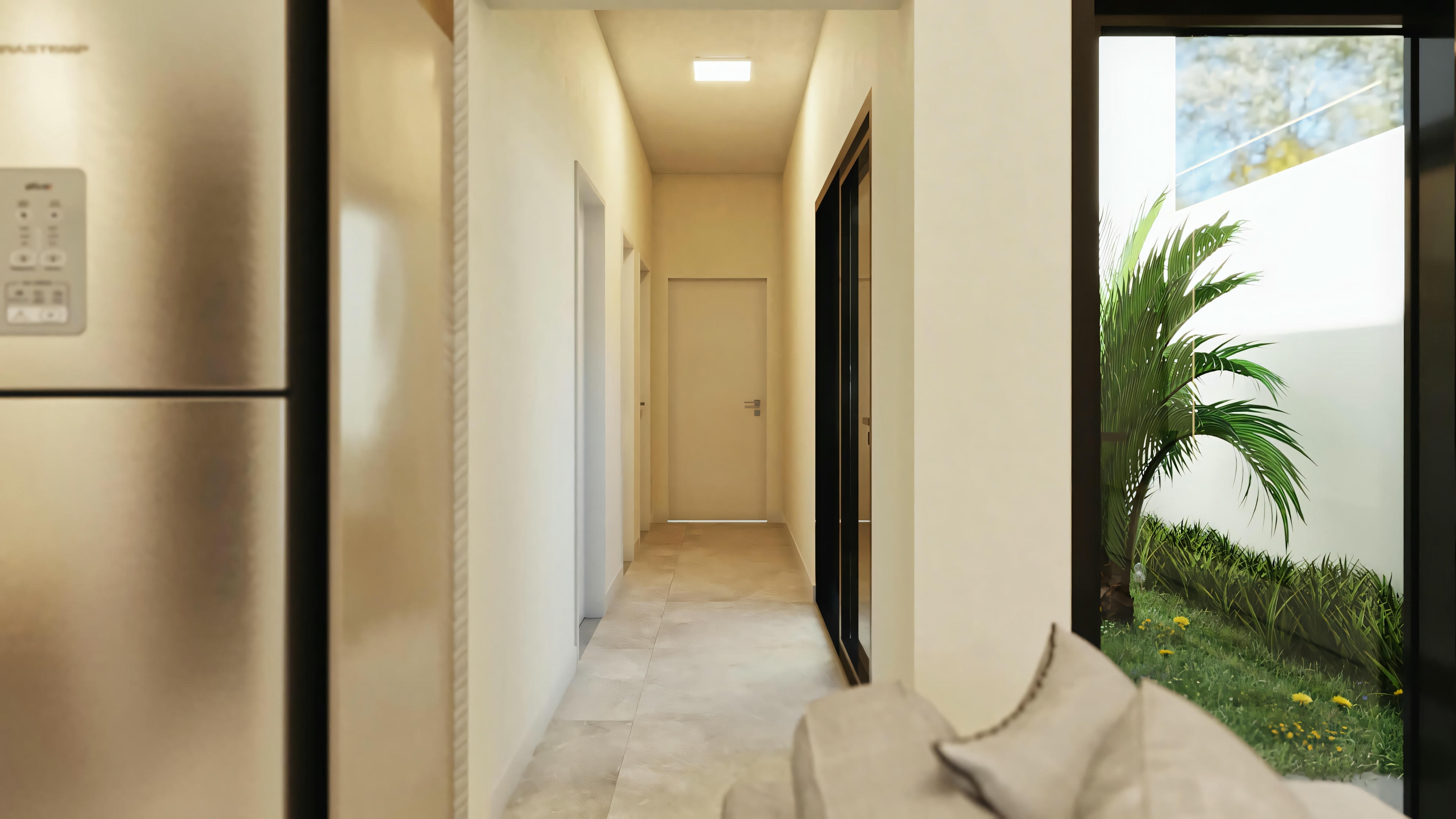 Interior hallway with beige walls, light floor, and multiple doors.