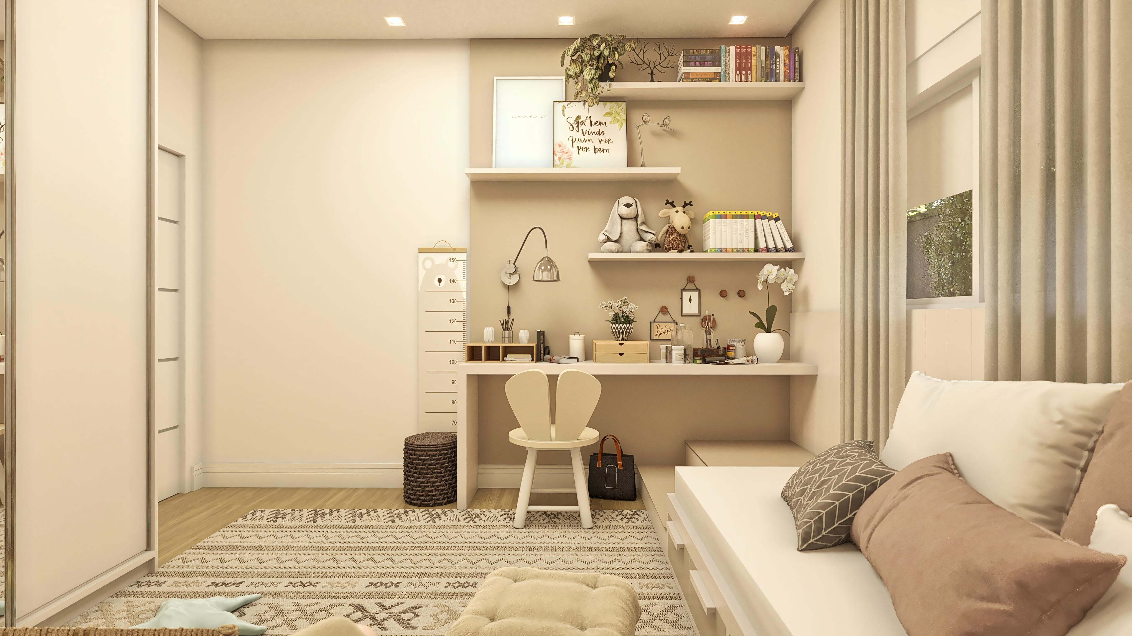 Interior of a modern single-story house with a study and rest area, presenting a neutral color palette, decorated shelves, and built-in lighting.
