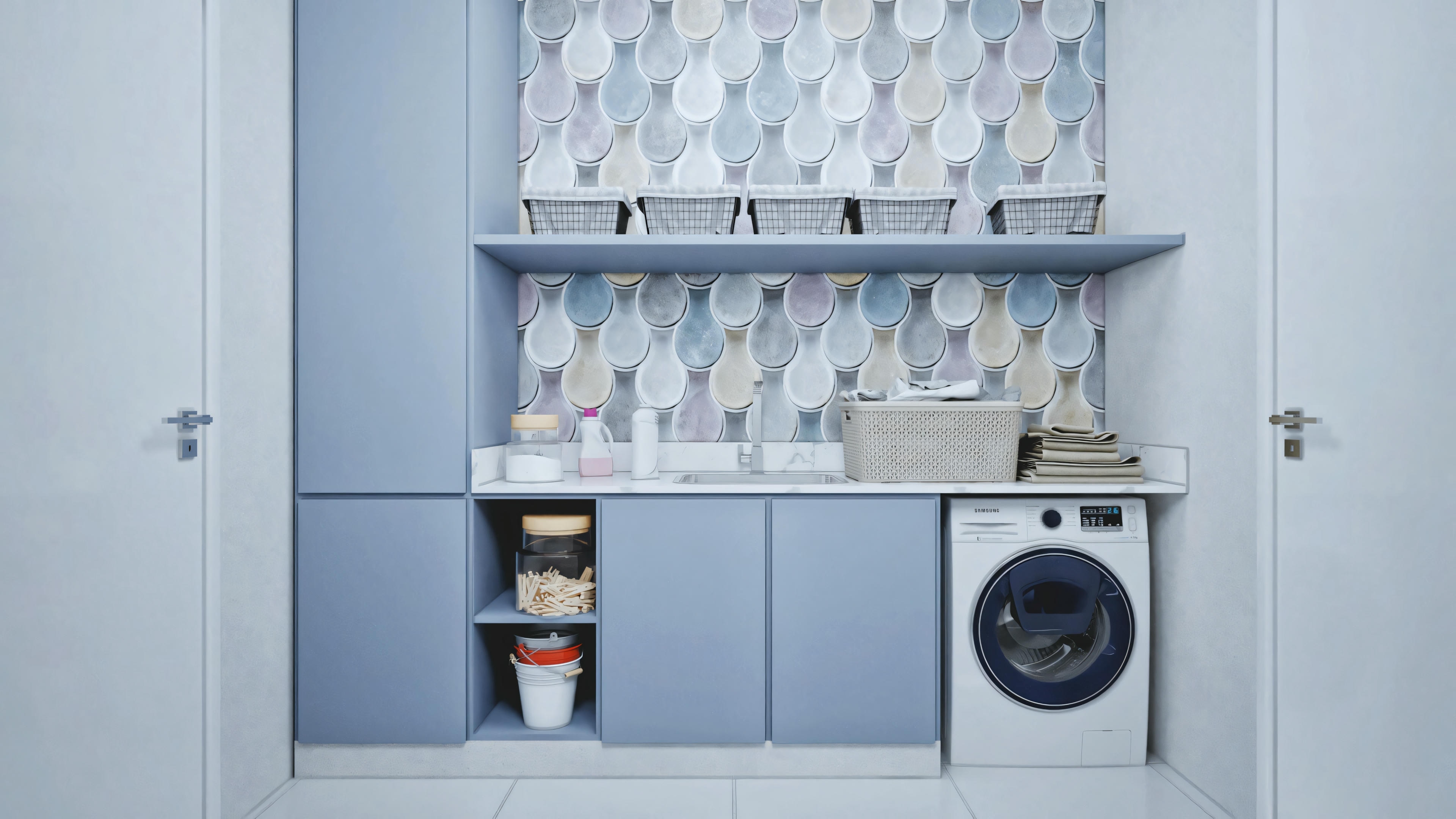 Laundry room with appliances and organized shelves.