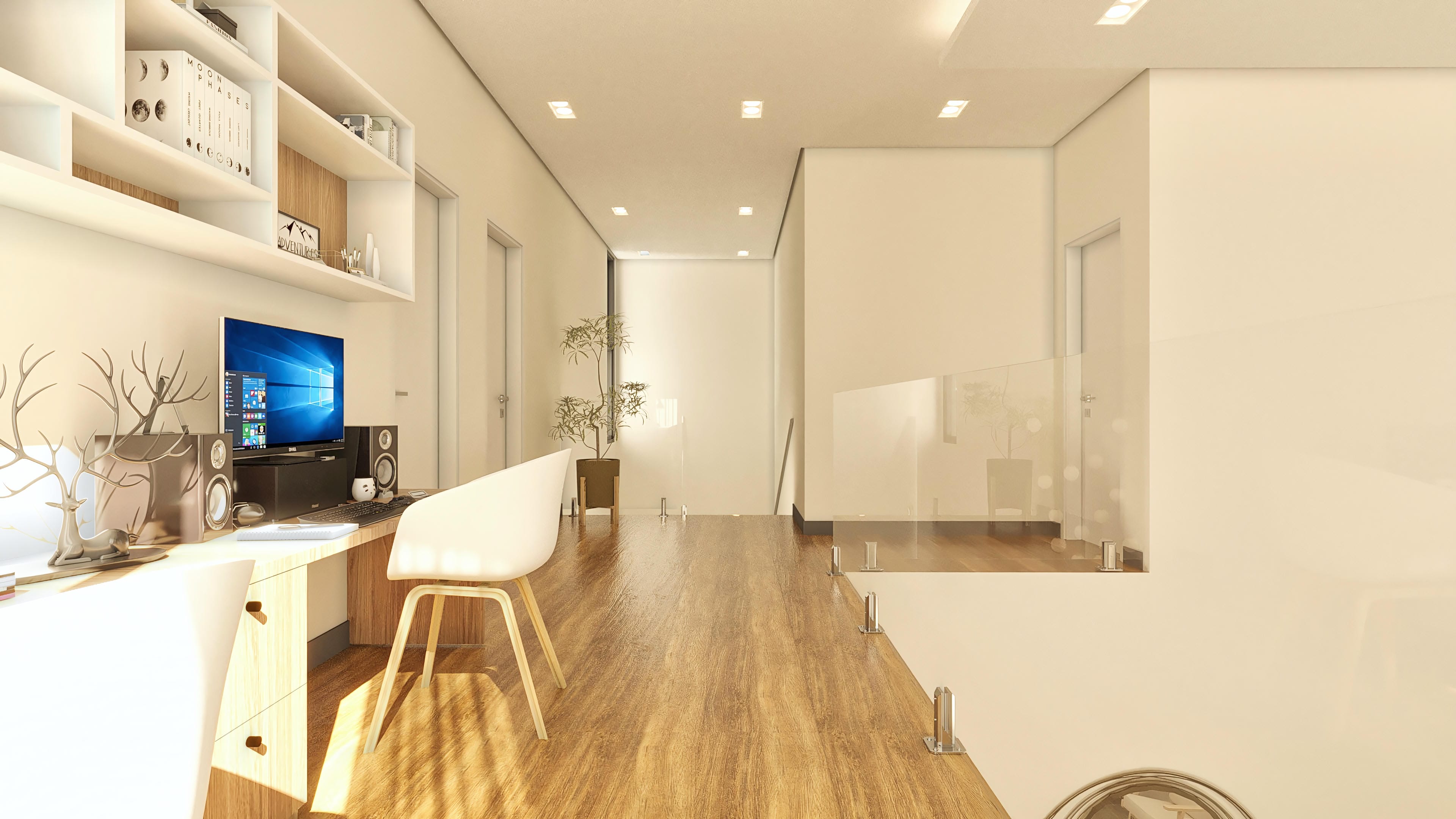 Interior of a modern home office with wooden flooring, a minimalist white desk, and a designer chair. White shelves with decorative objects and books.