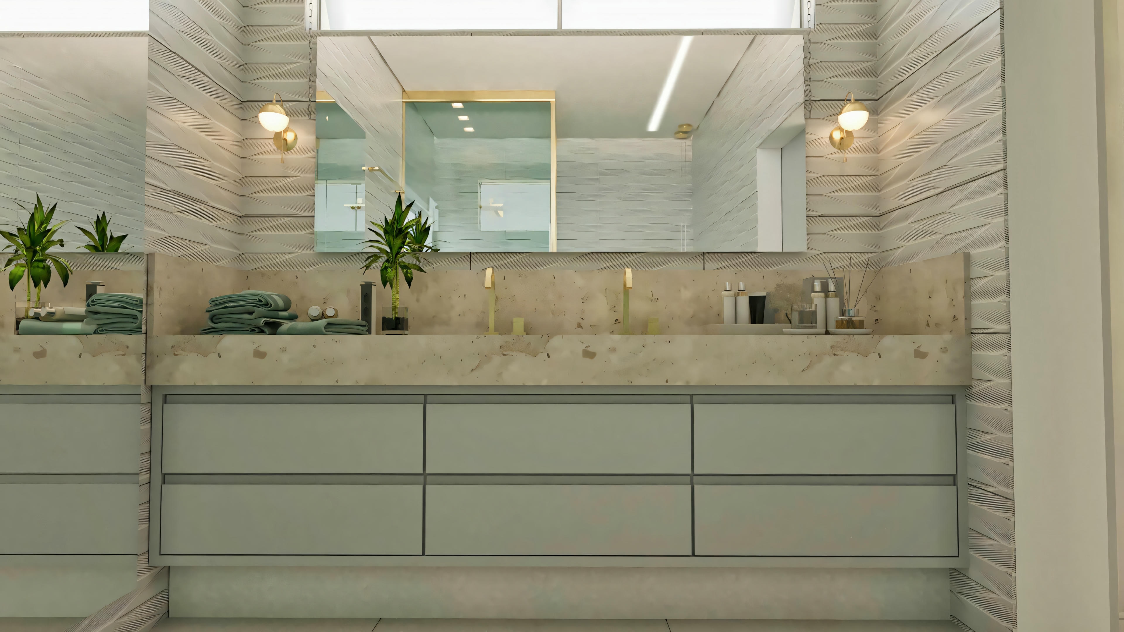 Photo of the master suite bathroom in this modern single-story house project with 3 bedrooms (203.67m² plan). Highlight for the stone countertop with a drawer unit, large mirror, sconces, and textured coating.