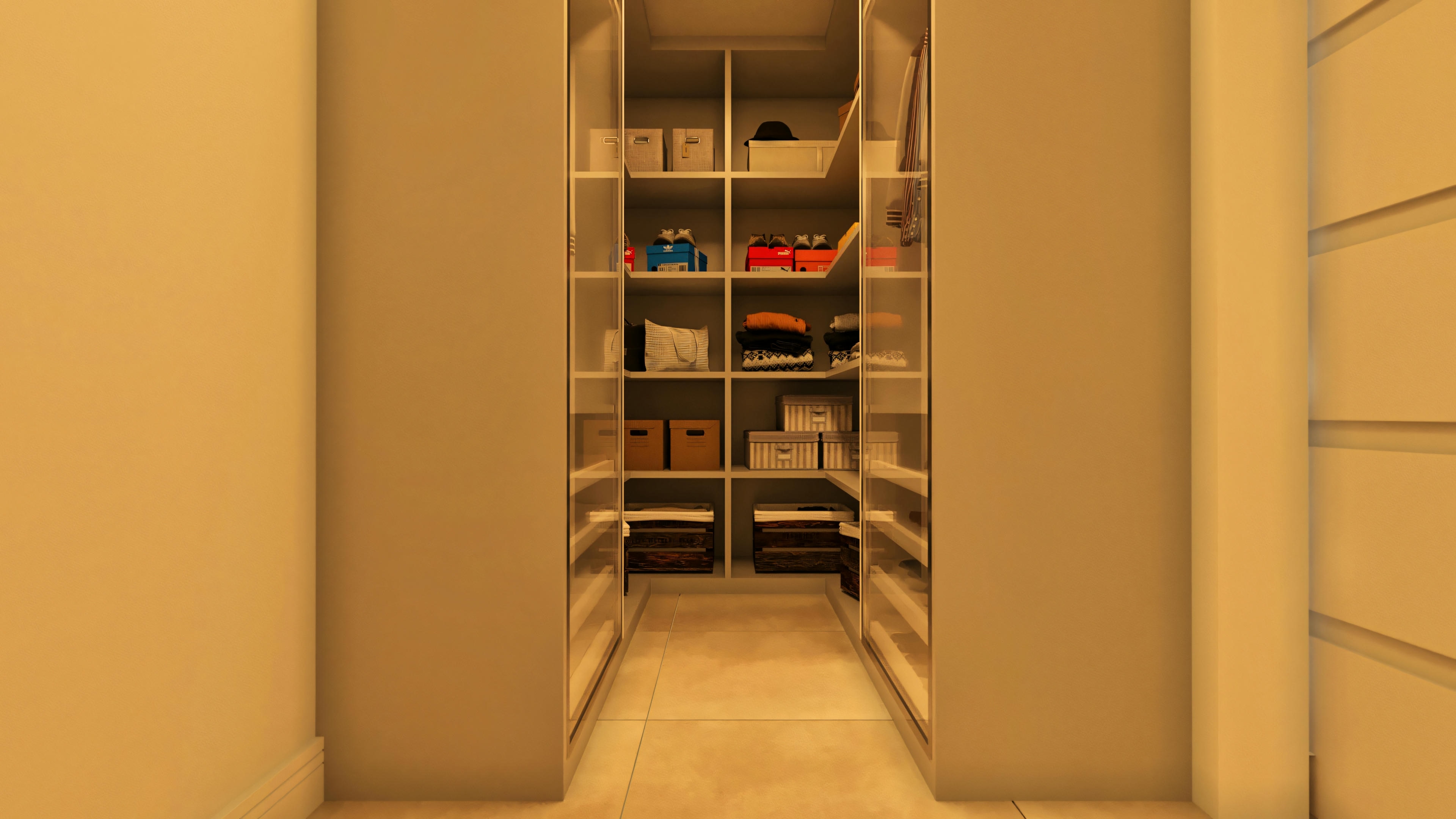 Internal view of a planned closet in a suite of a 4-bedroom modern two-story house, showing open shelves and niches for organizing belongings.