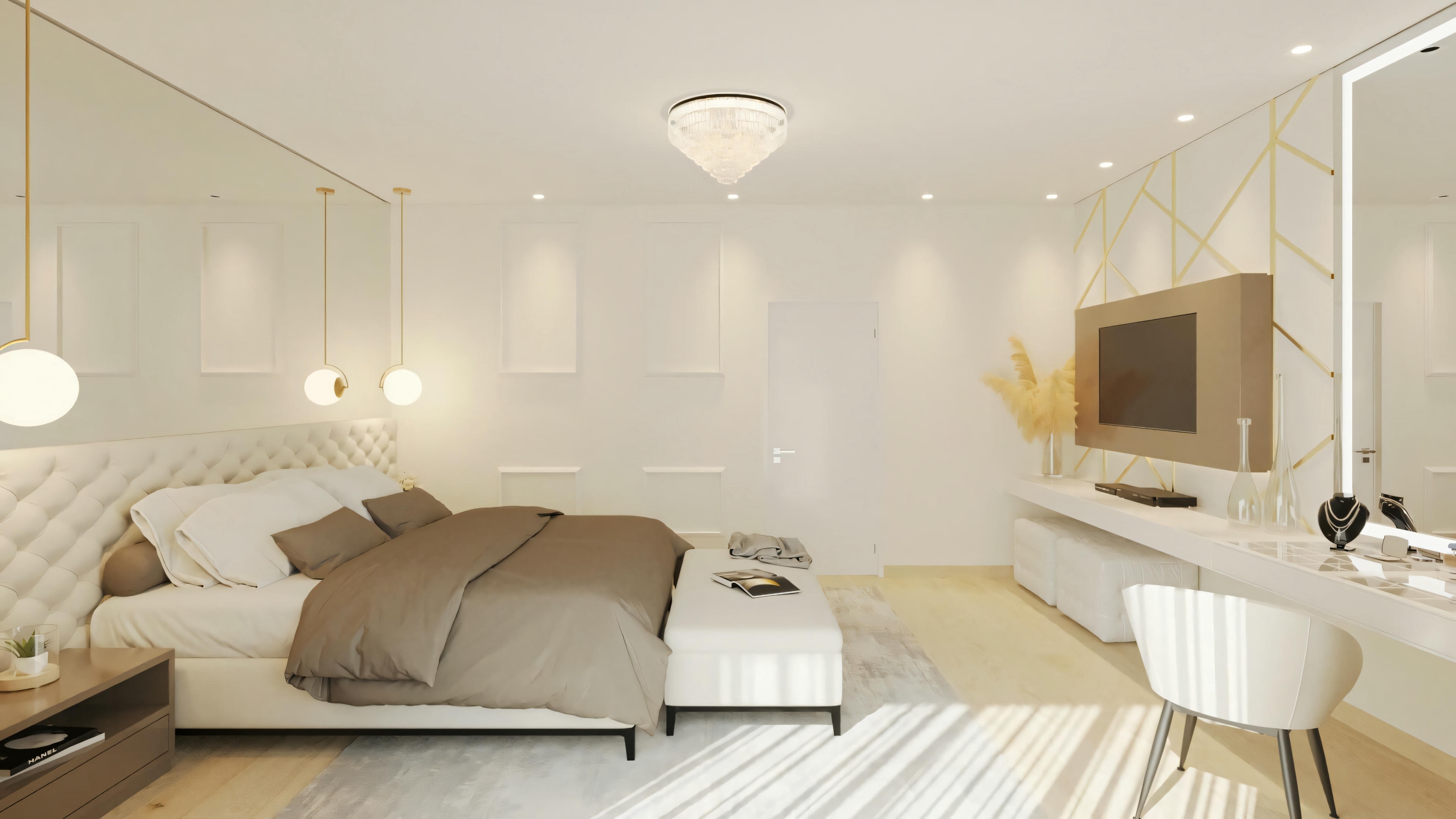 Visión amplia del cuarto de la suite principal en el proyecto listo con 5 suites, mostrando la cama con cabecera tapizada, panel de TV iluminado, mesada e iluminación decorativa.
