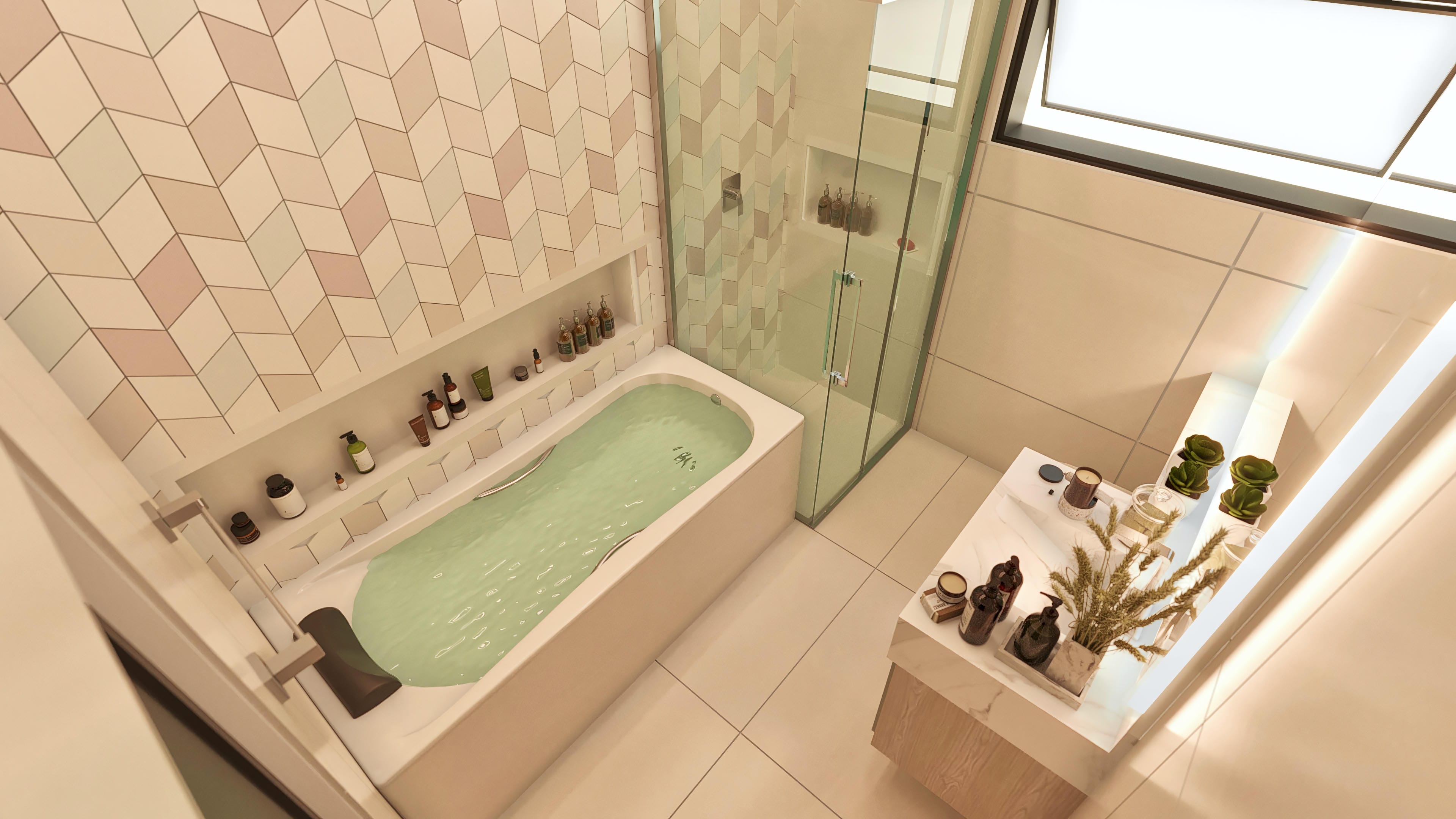 Detalle de baño con bañera de hidromasaje y pared texturizada en tonos pasteles. Encimera con lavabo y accesorios.